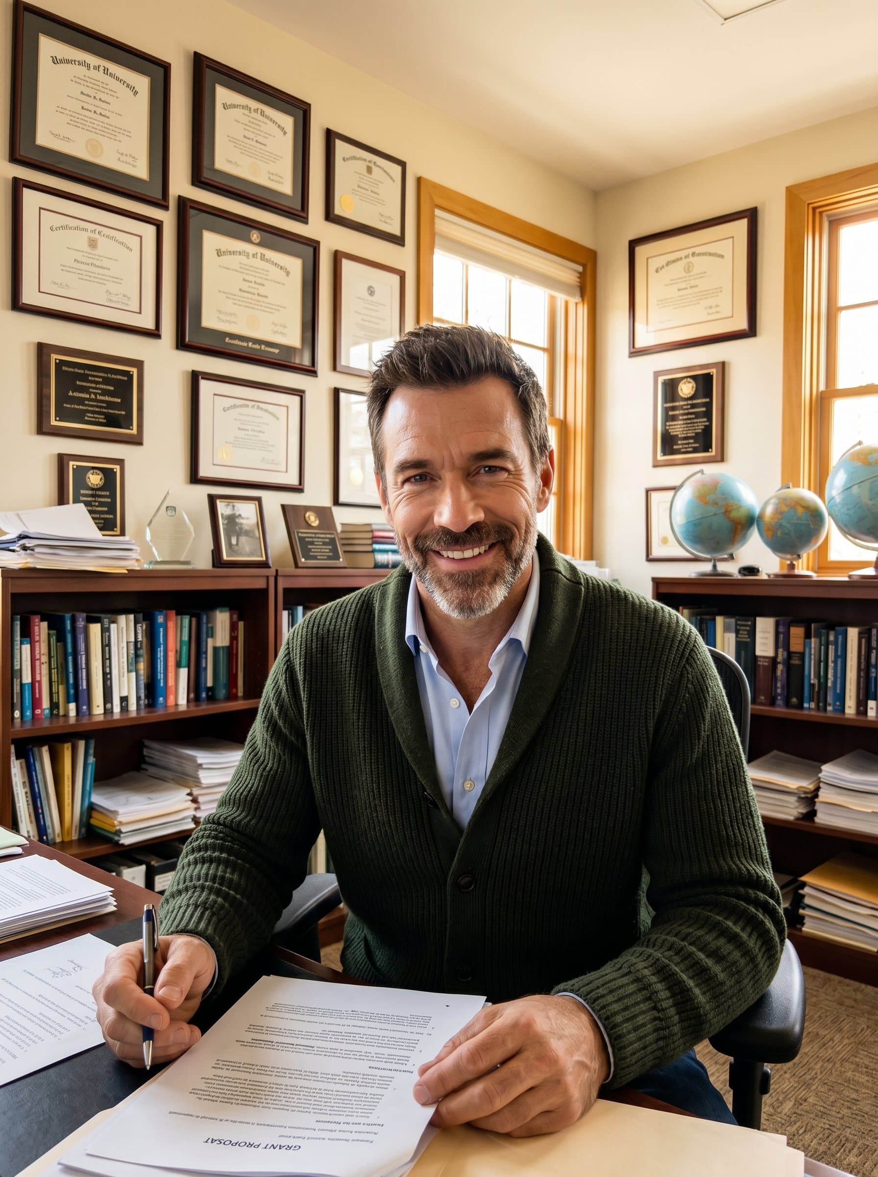 : A scholarly figure in a cozy office, surrounded by certificates and awards on the wall. They are dressed in a cardigan and exude warmth, suitable for research grant proposals.
