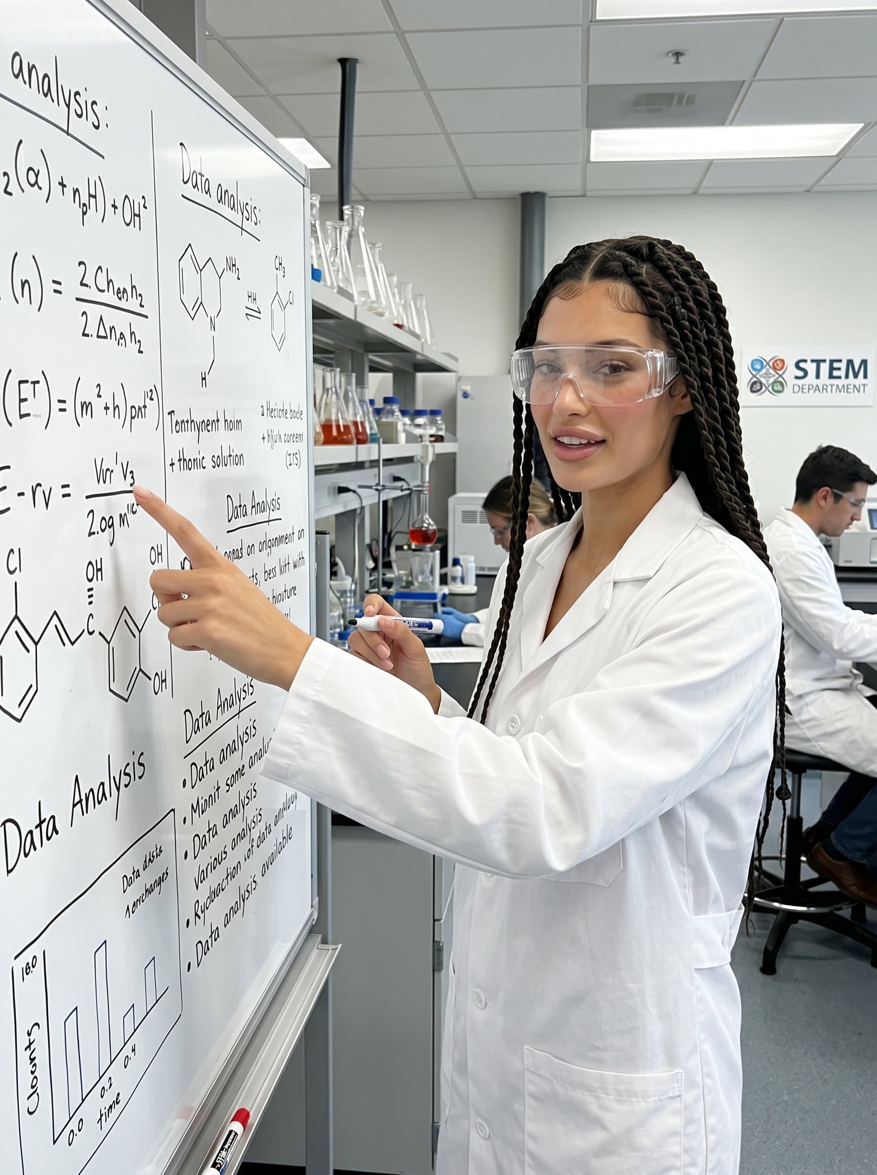 : An academic standing in a lab with a whiteboard, wearing a lab coat and protective eyewear. The setting conveys analytical adeptness, perfect for STEM department promotional images.