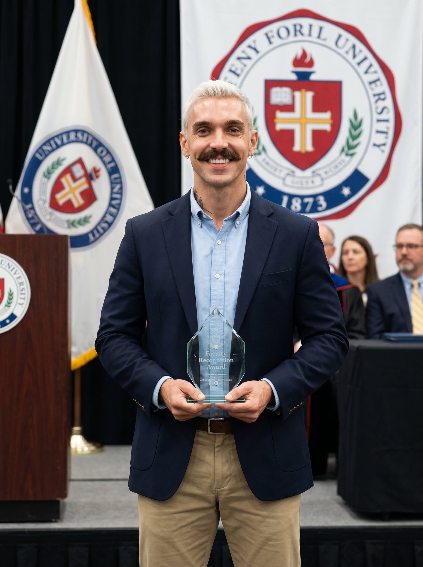 : A faculty member standing in front of a university emblem or flag, dressed in business casual. The image exudes loyalty and pride, befitting of faculty recognition awards.