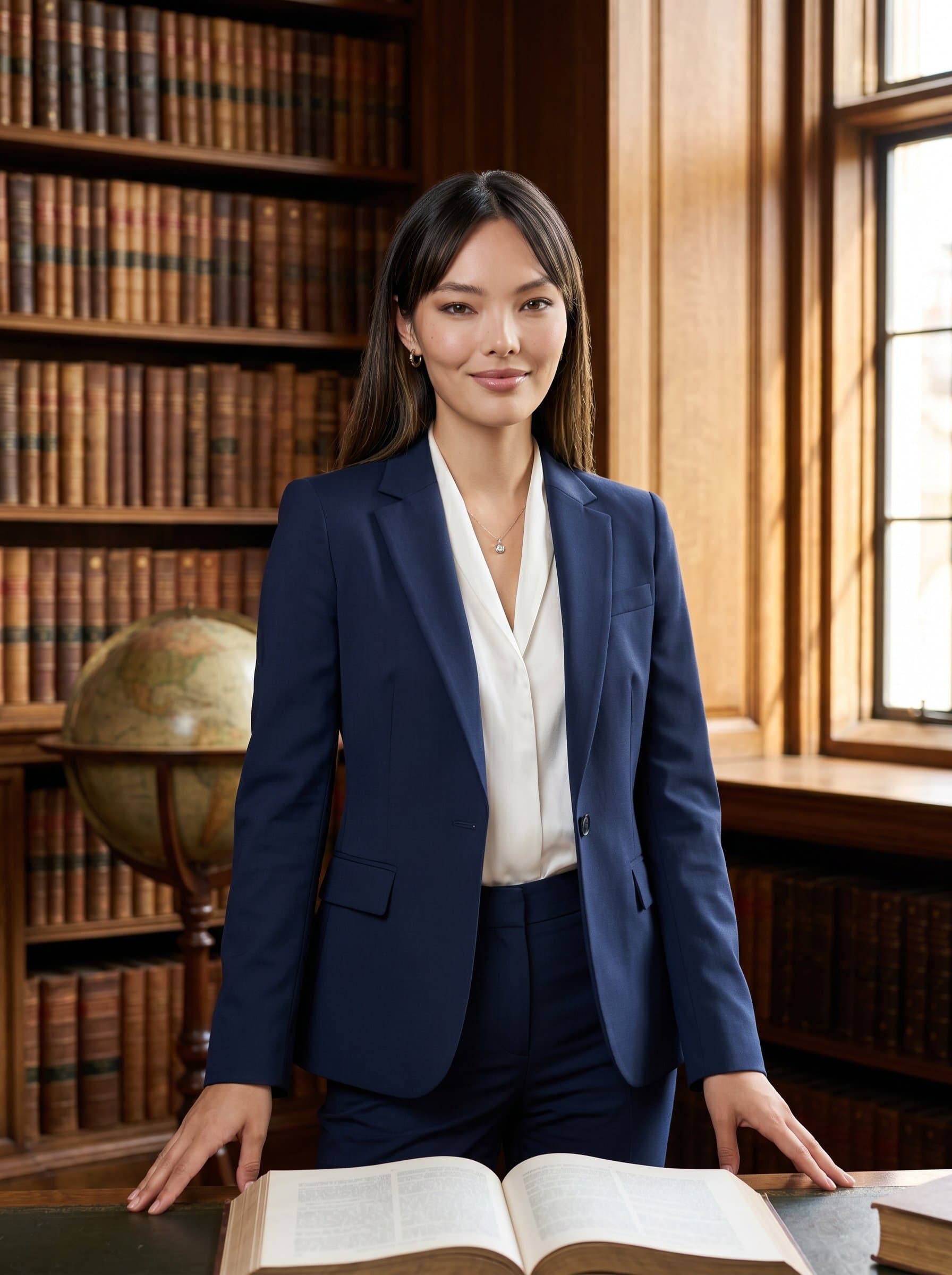 : An academic leader in a formal library setting, wearing a tailored suit. The scene is dignified with leather-bound volumes, effective for institutional annual report headshots.