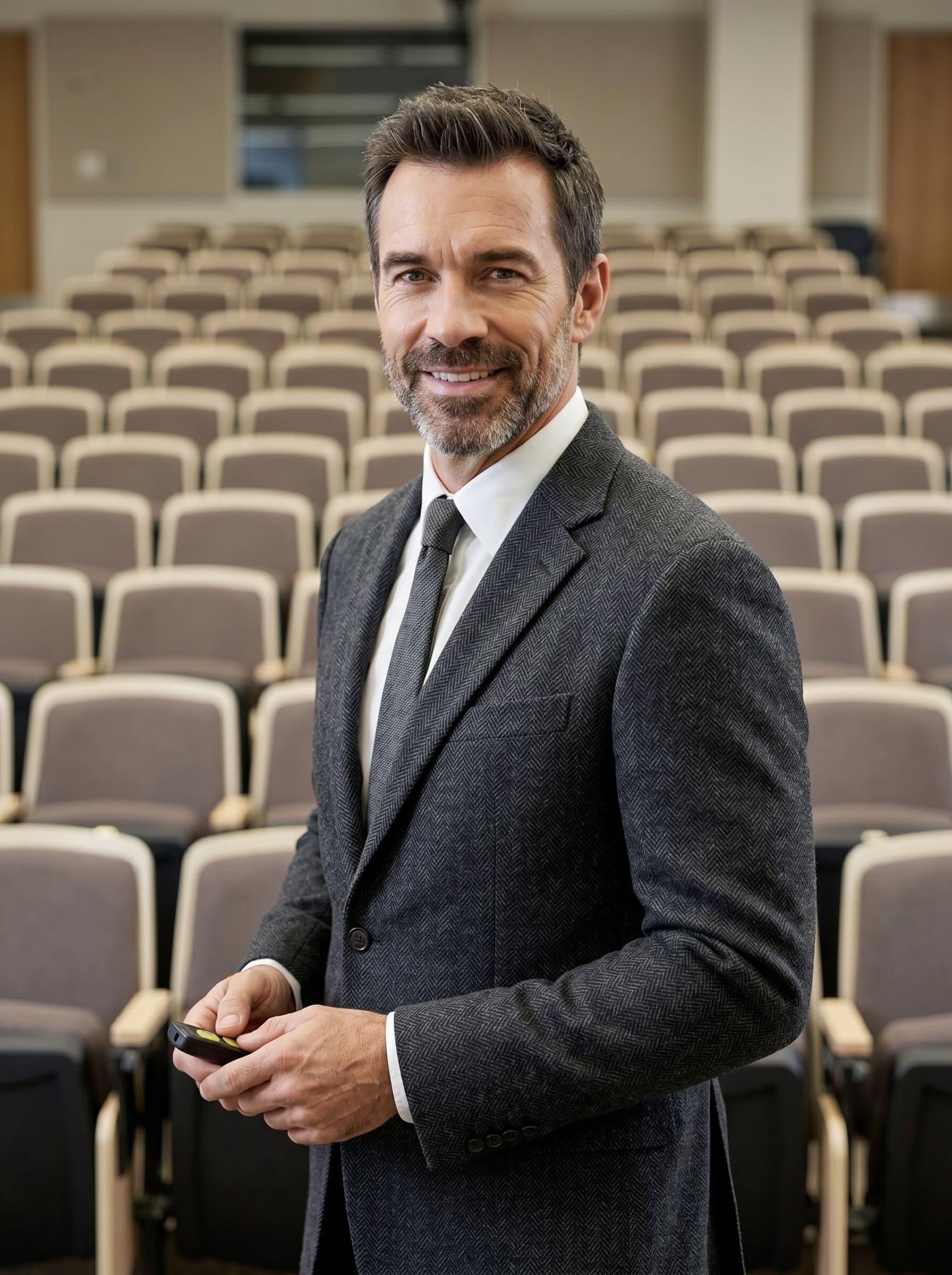 : A distinguished professor in a lecture hall, with rows of empty seats behind them. Clad in a stylish jacket, the headshot conveys professionalism and grace for academic presentation slides.