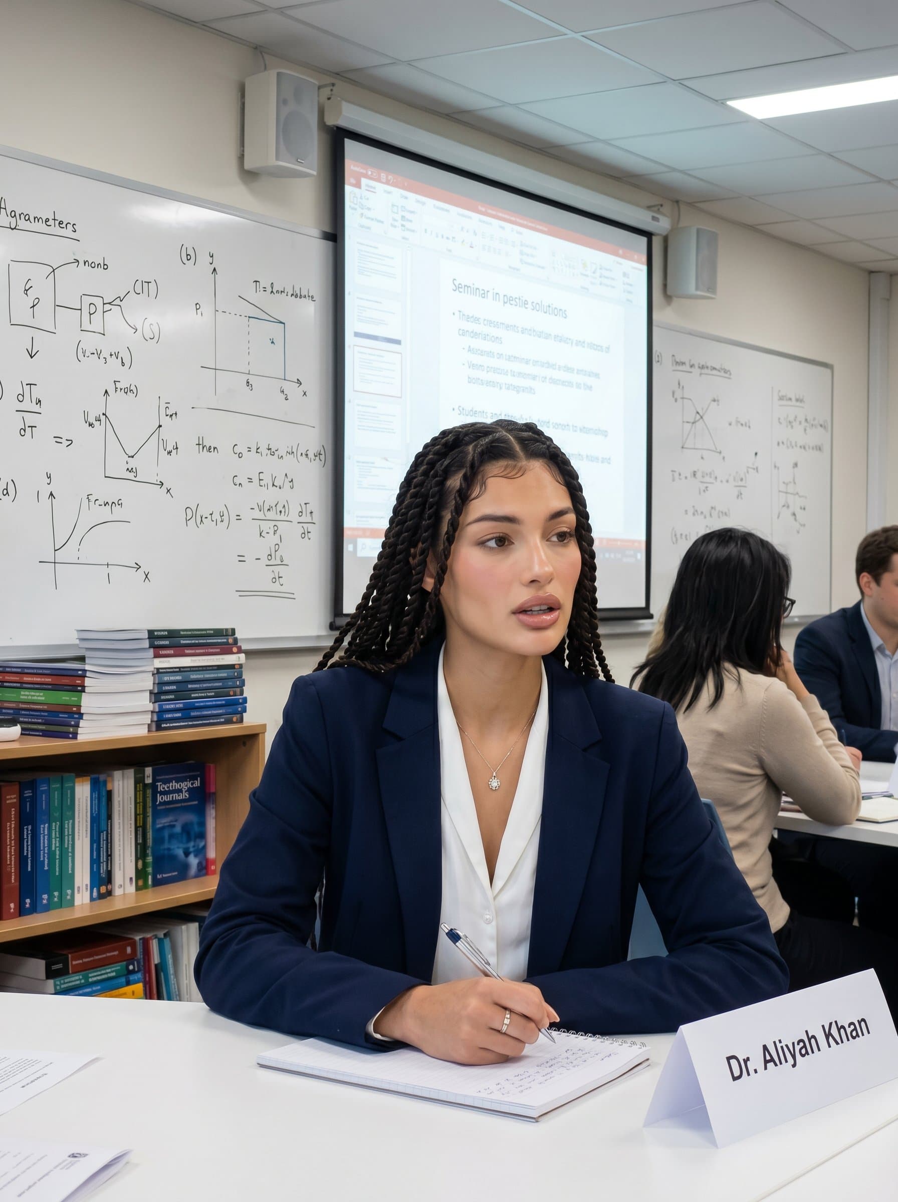 : An erudite woman sitting in a seminar room, wearing business casual attire. The environment displays whiteboards and academic paraphernalia, embodying competence for educational resource materials.