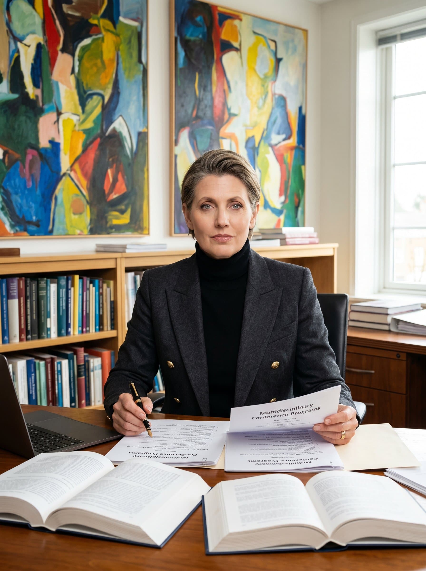 : A scholarly professional in a well-organized study with abstract art on the walls. They wear a turtleneck, striking a balance between creativity and authority for multidisciplinary conference programs.