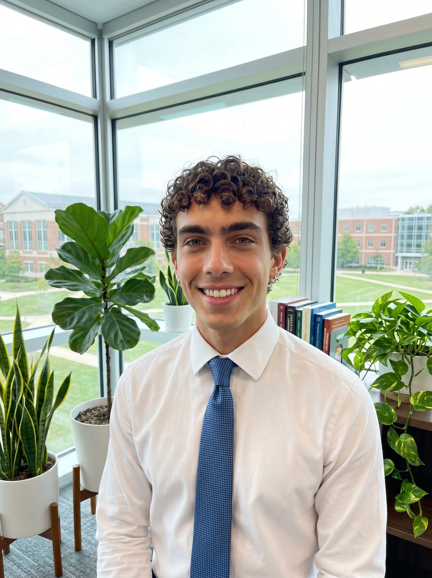 : A faculty member in a modern office with large windows, sporting a neat hairstyle and tie. They are surrounded by plants, creating a welcoming and professional vibe for university website profiles.