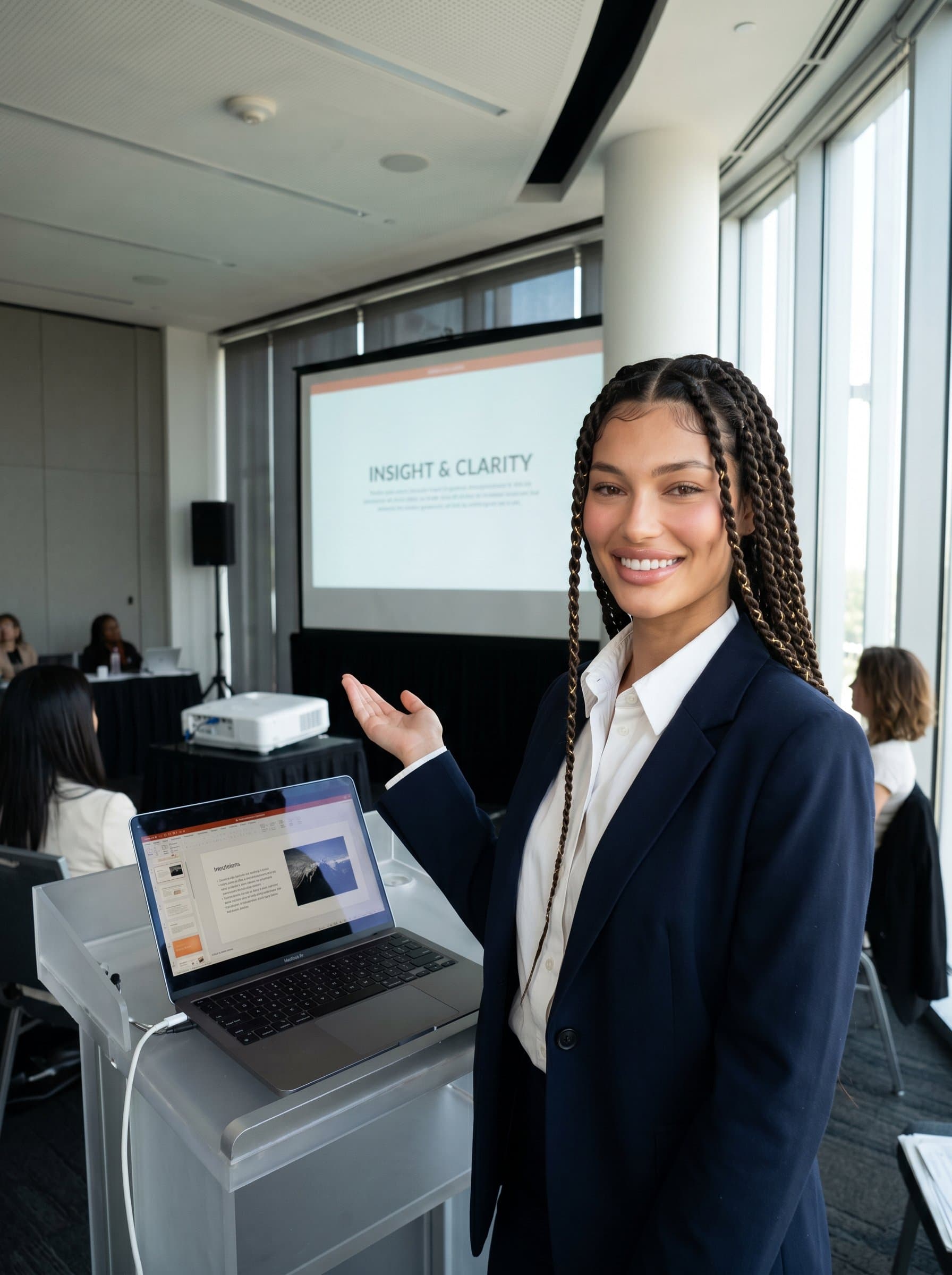 : A professor in a conference room, beside a laptop and projector. They wear a crisp dress shirt, conveying clarity and insight, suitable for keynote address marketing materials.