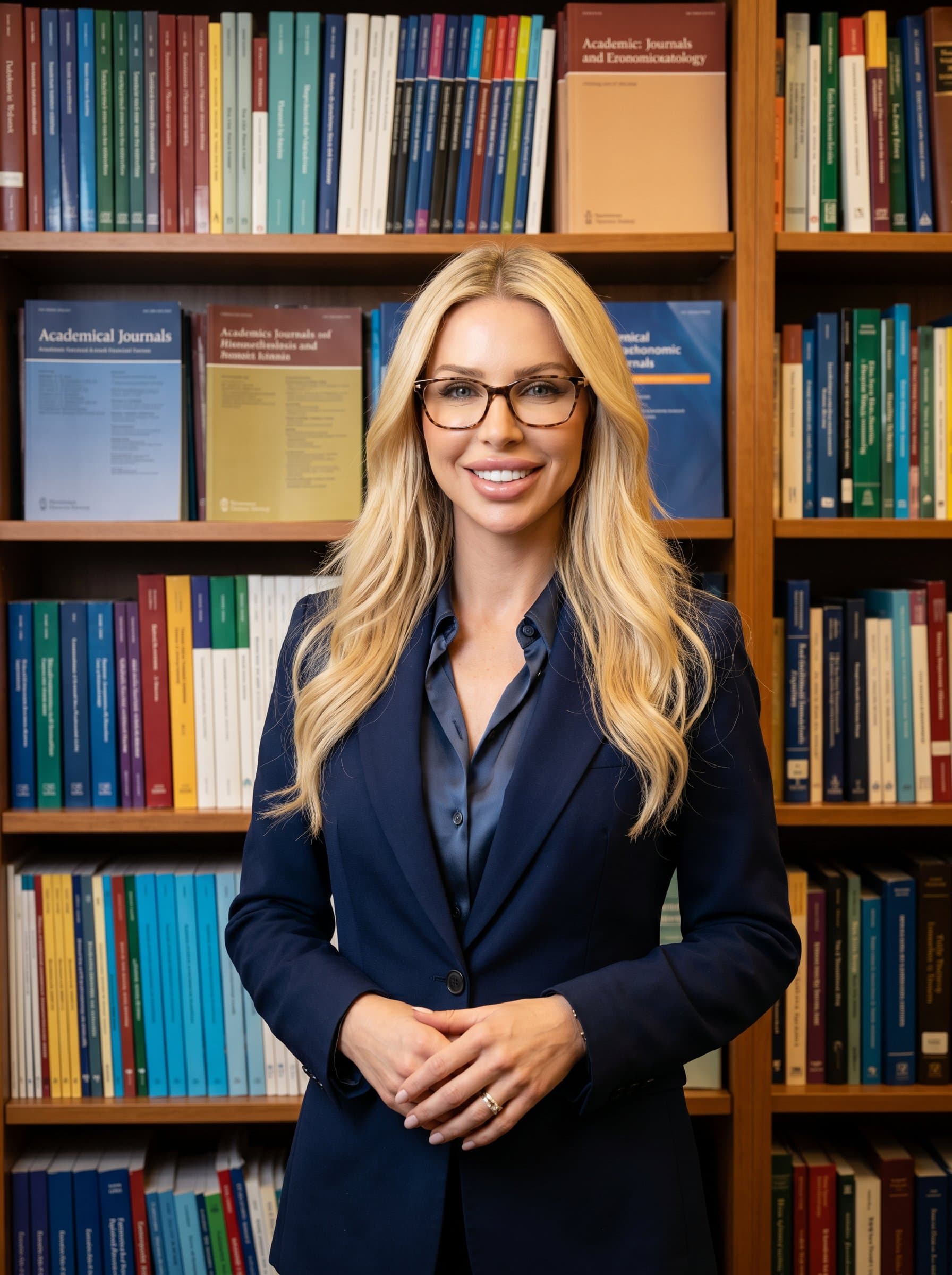 : A university professor standing in front of a bookshelf filled with academic journals, wearing a blazer and glasses. The setting is well-lit, conveying intellect and warmth, suitable for a faculty webpage.