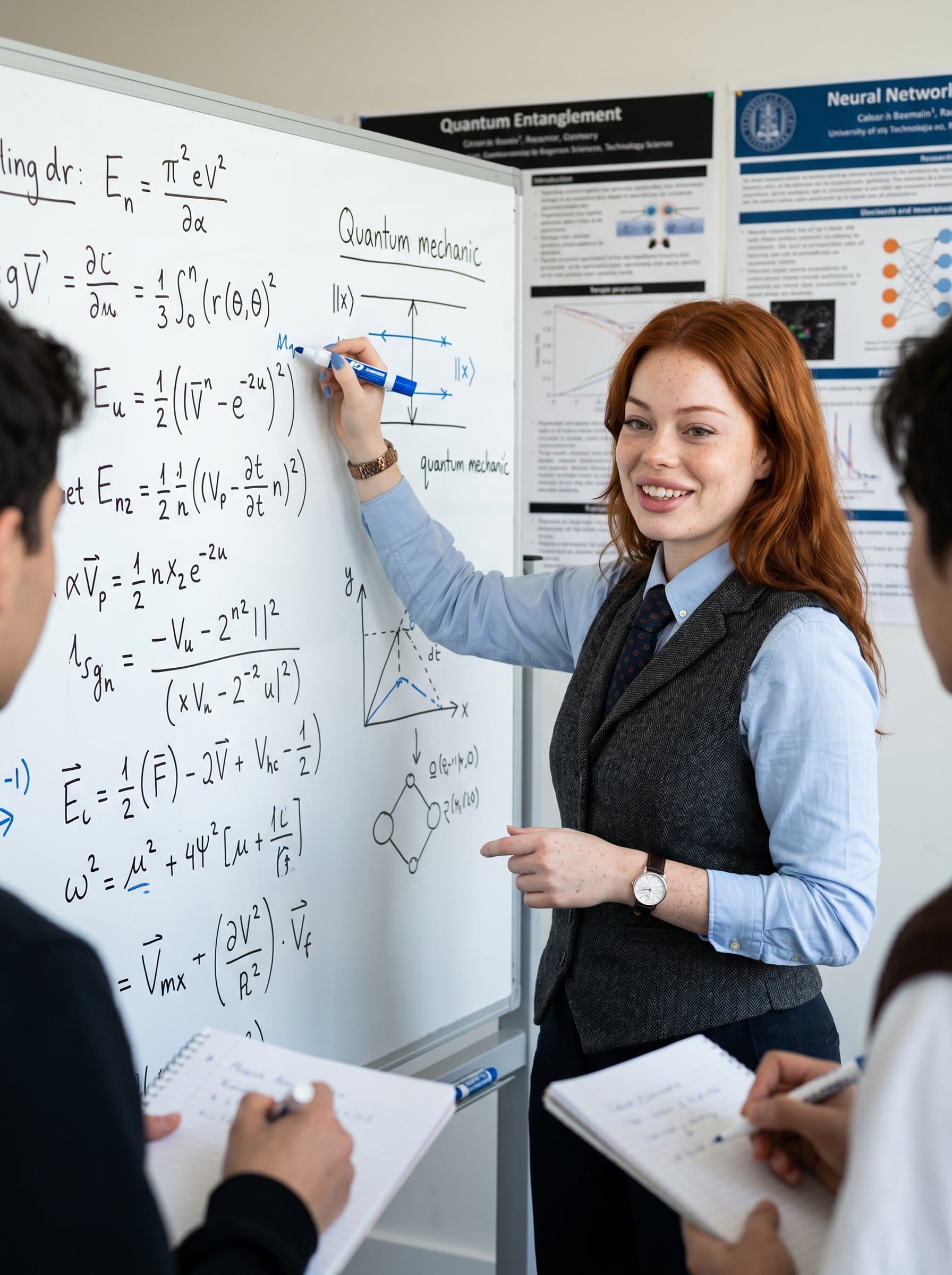 : A professor in front of a whiteboard filled with equations and diagrams, wearing a smart vest and tie. The environment is dynamic, suitable for academic research posters.