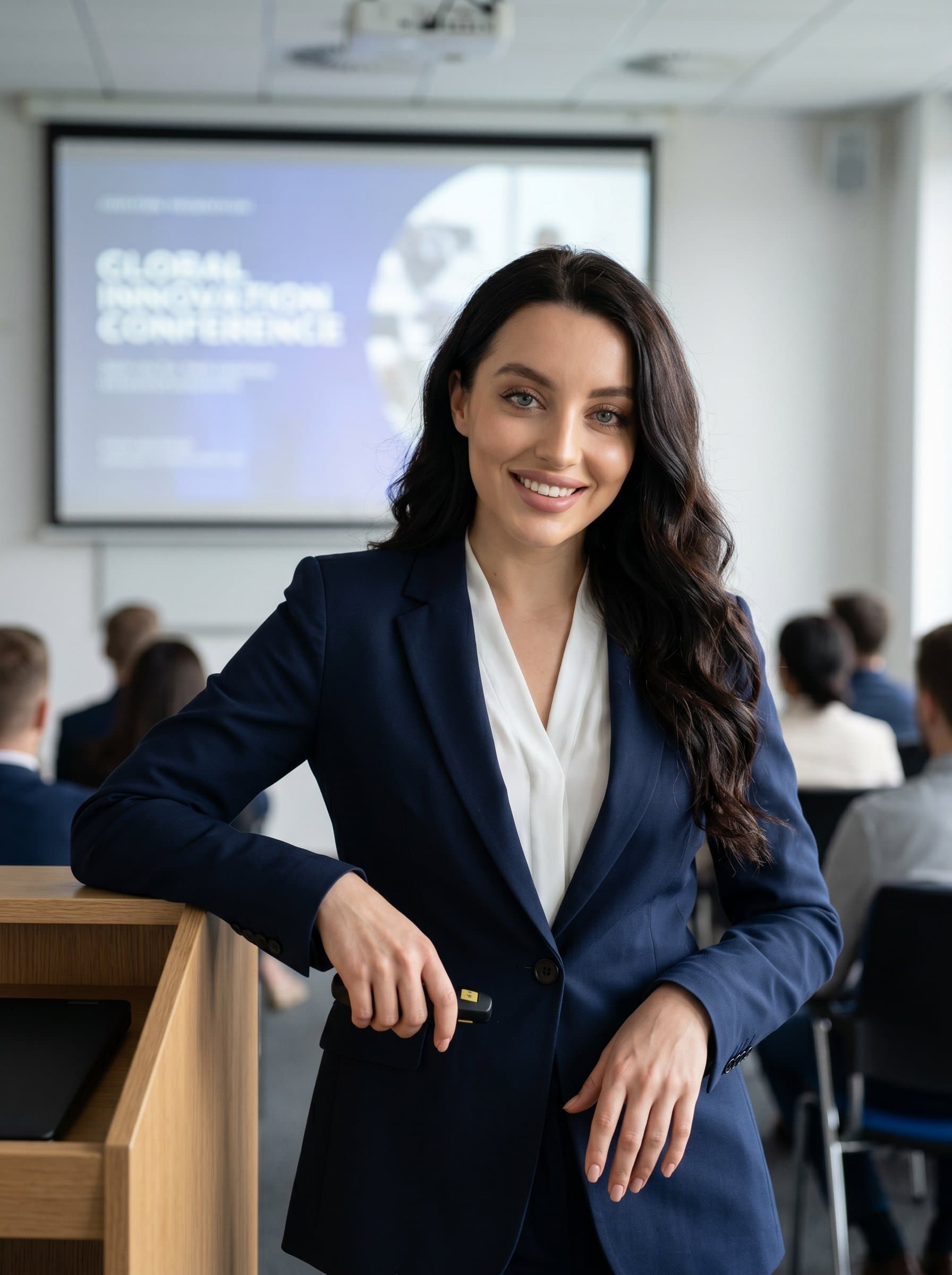 : An academic professional leaning against a lectern, with a digital projector in the background. They are dressed smartly in a suit jacket, reflecting authority and friendliness, suitable for conference brochures.