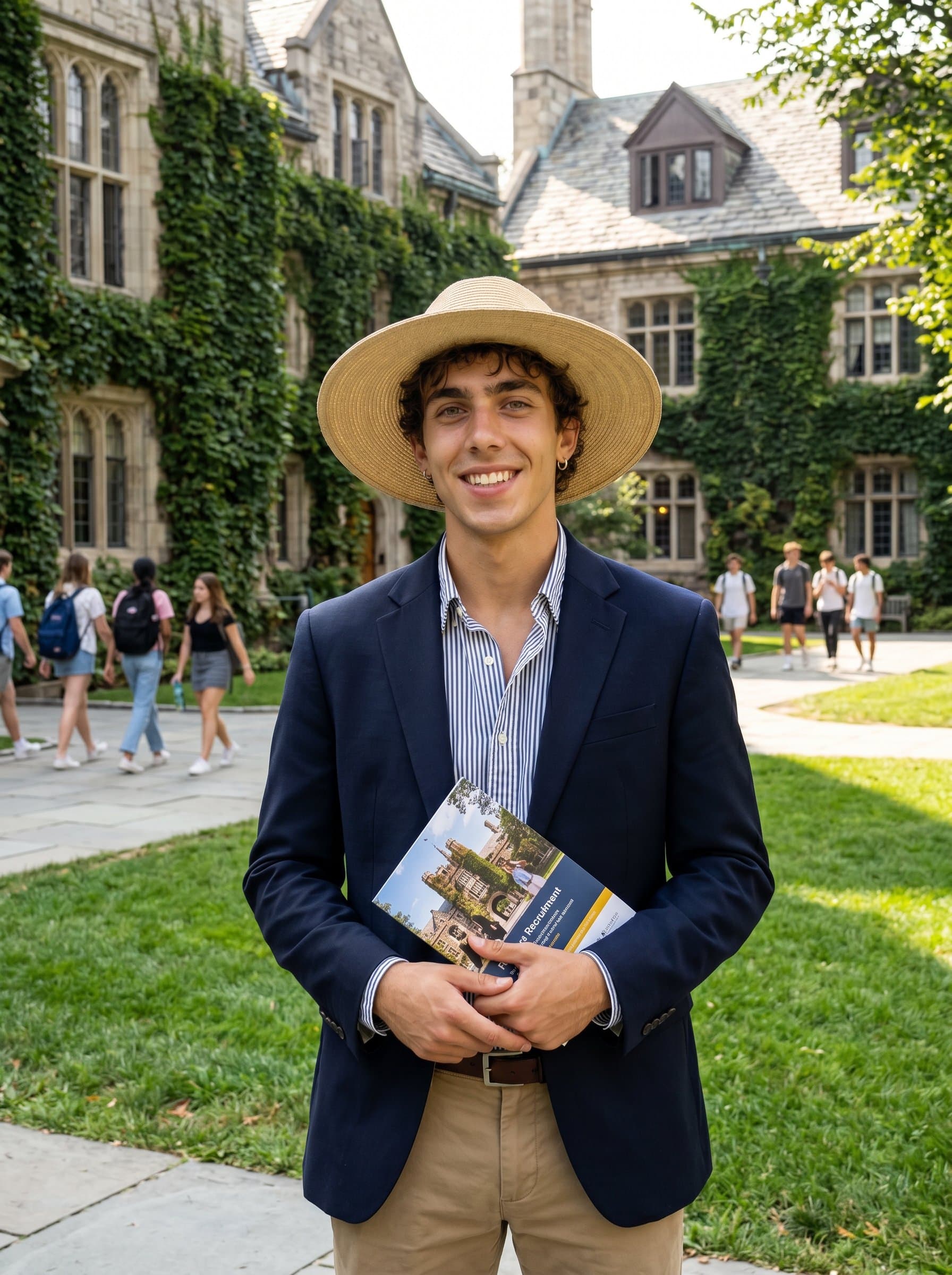 : A university lecturer on campus grounds, with lush greenery and historical architecture in the backdrop. They are casually attired and smiling, embodying accessibility for student recruitment guides.