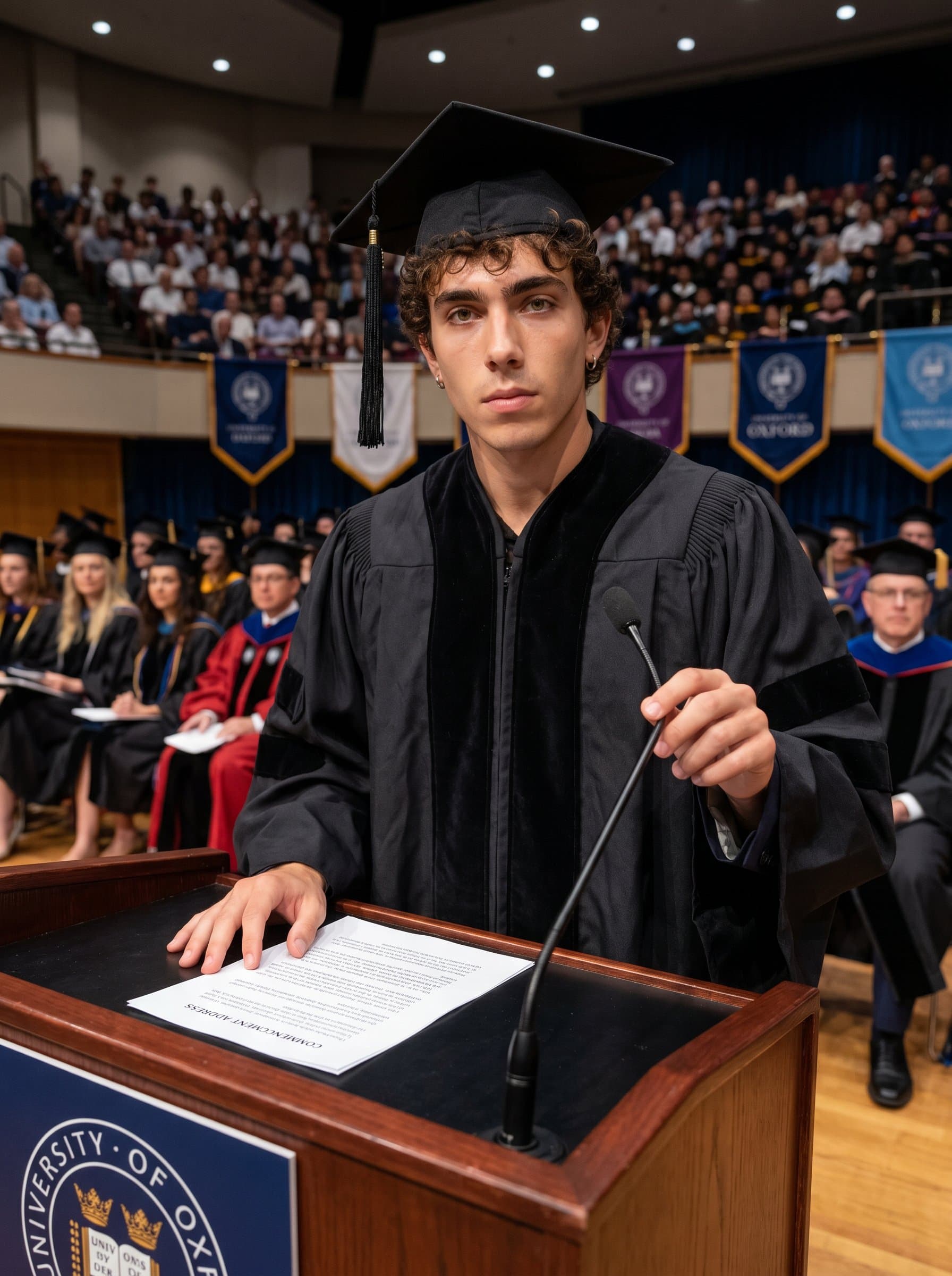 : An academic figure at a university podium, with a microphone and lecture notes. They are formally attired, projecting confidence and respect for commencement ceremony materials.