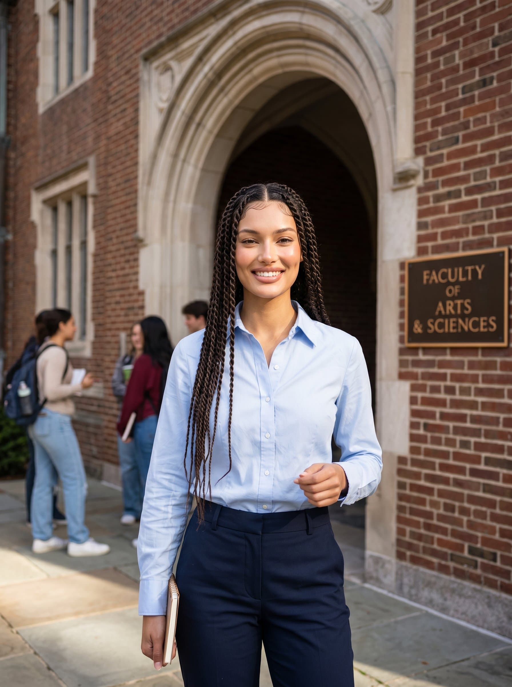 : An instructor at the entrance of a university building, wearing a button-down shirt and smart slacks. Sunlight casts over their face, highlighting their approachable demeanor for faculty directories.
