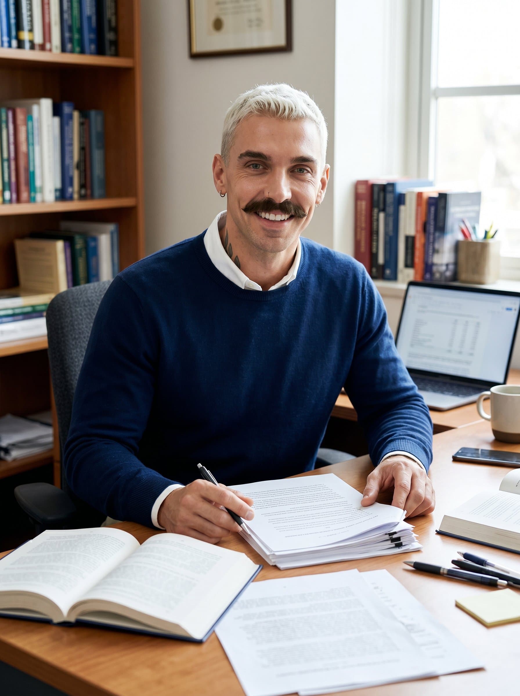: A scholarly man seated at a desk cluttered with papers and a computer, wearing a neat sweater. The ambience is academic and inviting, perfect for conference materials and publication profiles.