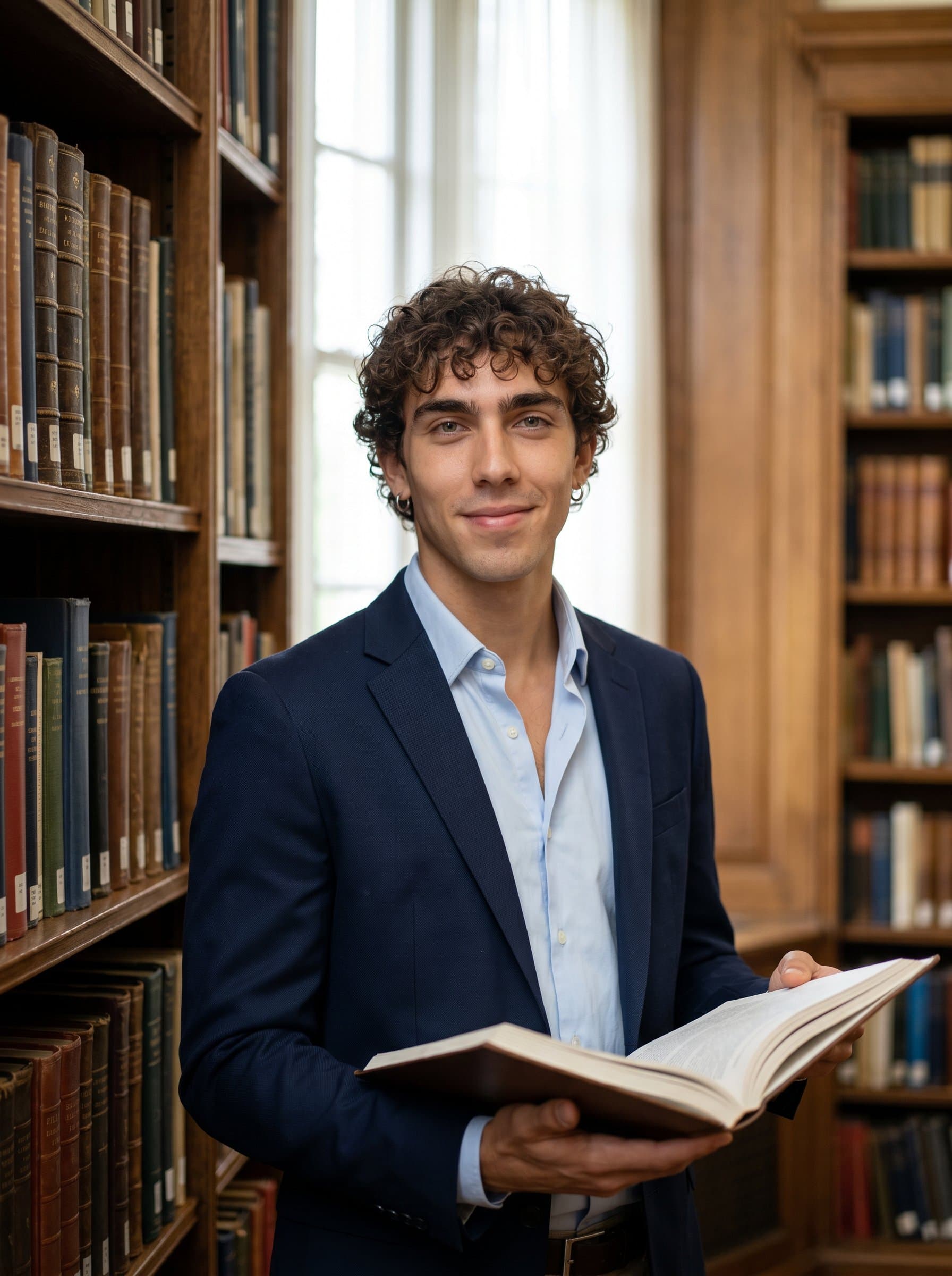 : A professor in a library, captured amidst towering shelves of books. Wearing an open-collared shirt and blazer, they radiate knowledge, making this headshot fitting for research publication covers.