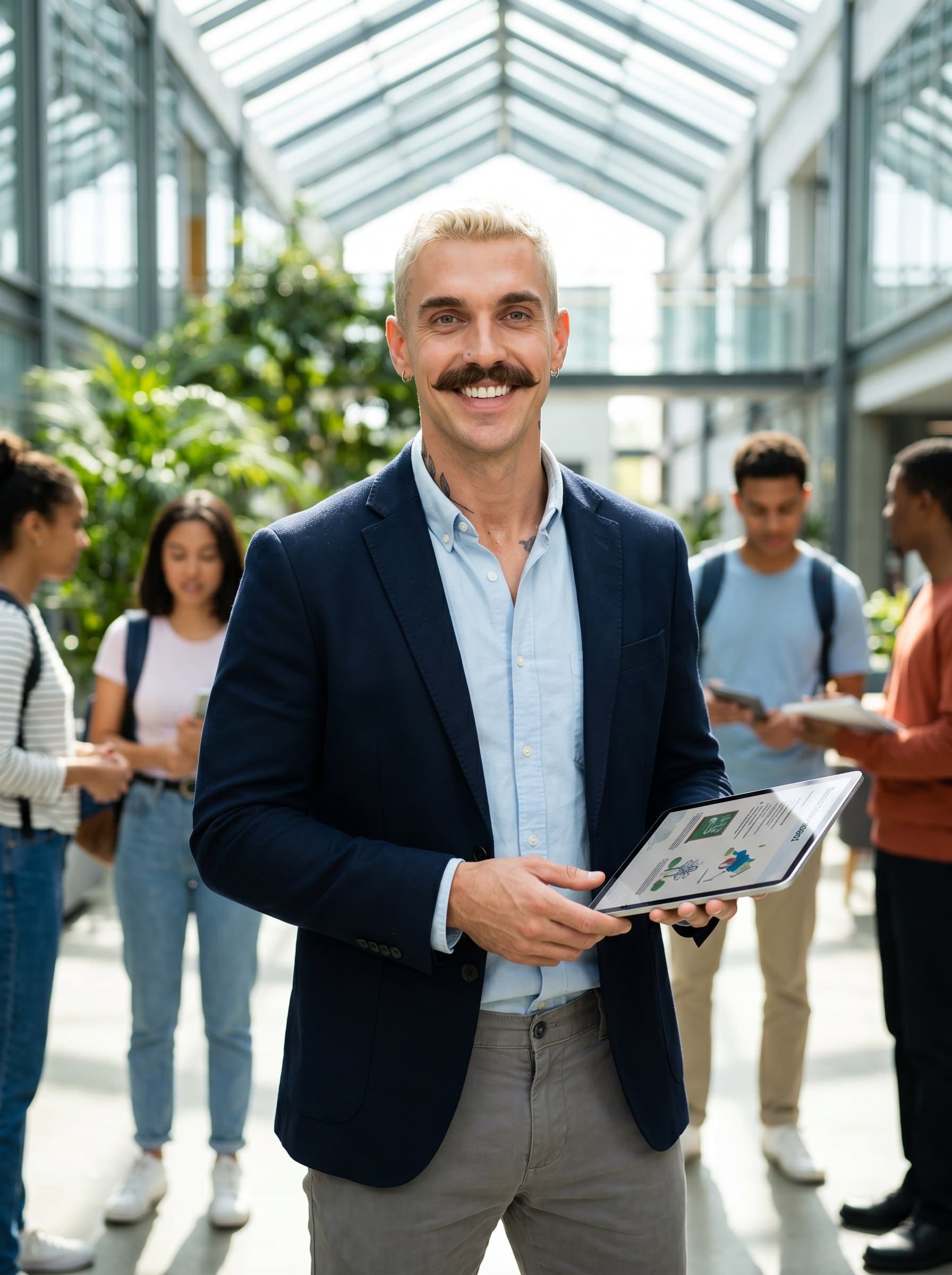 : An educator holding a tablet in an open atrium with natural lighting. Their attire is semiformal and modern, projecting a tech-savvy and welcoming image for online course introductions.