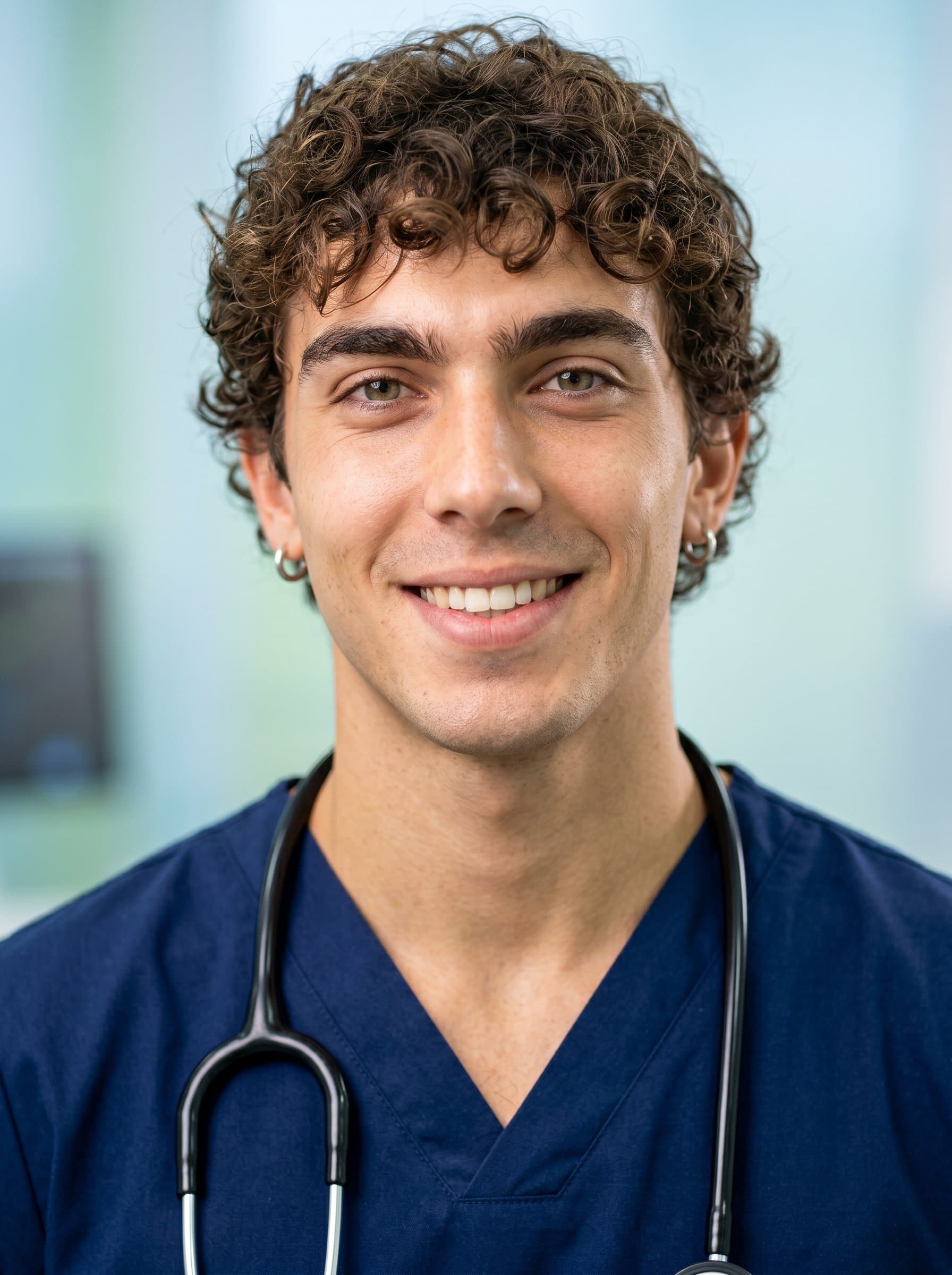 Close-up of wearing a stethoscope around their neck, smiling warmly. The smooth, gradient background complements their neat attire. Ideal for conveying expertise and approachability in a veterinary setting.
