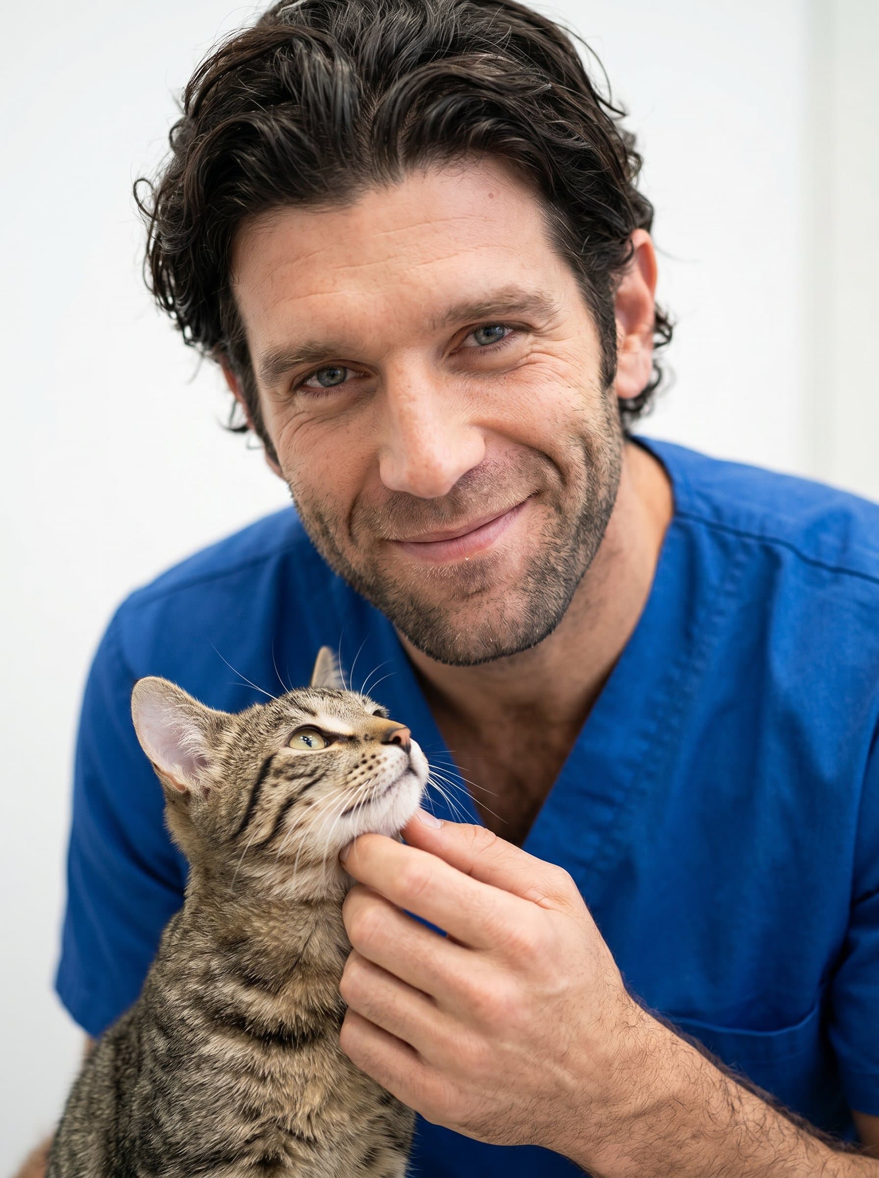 captured during a tender moment of petting a curious cat. The simple background and clear lighting emphasize their genial smile and compassionate nature, perfect for a veterinary care website.