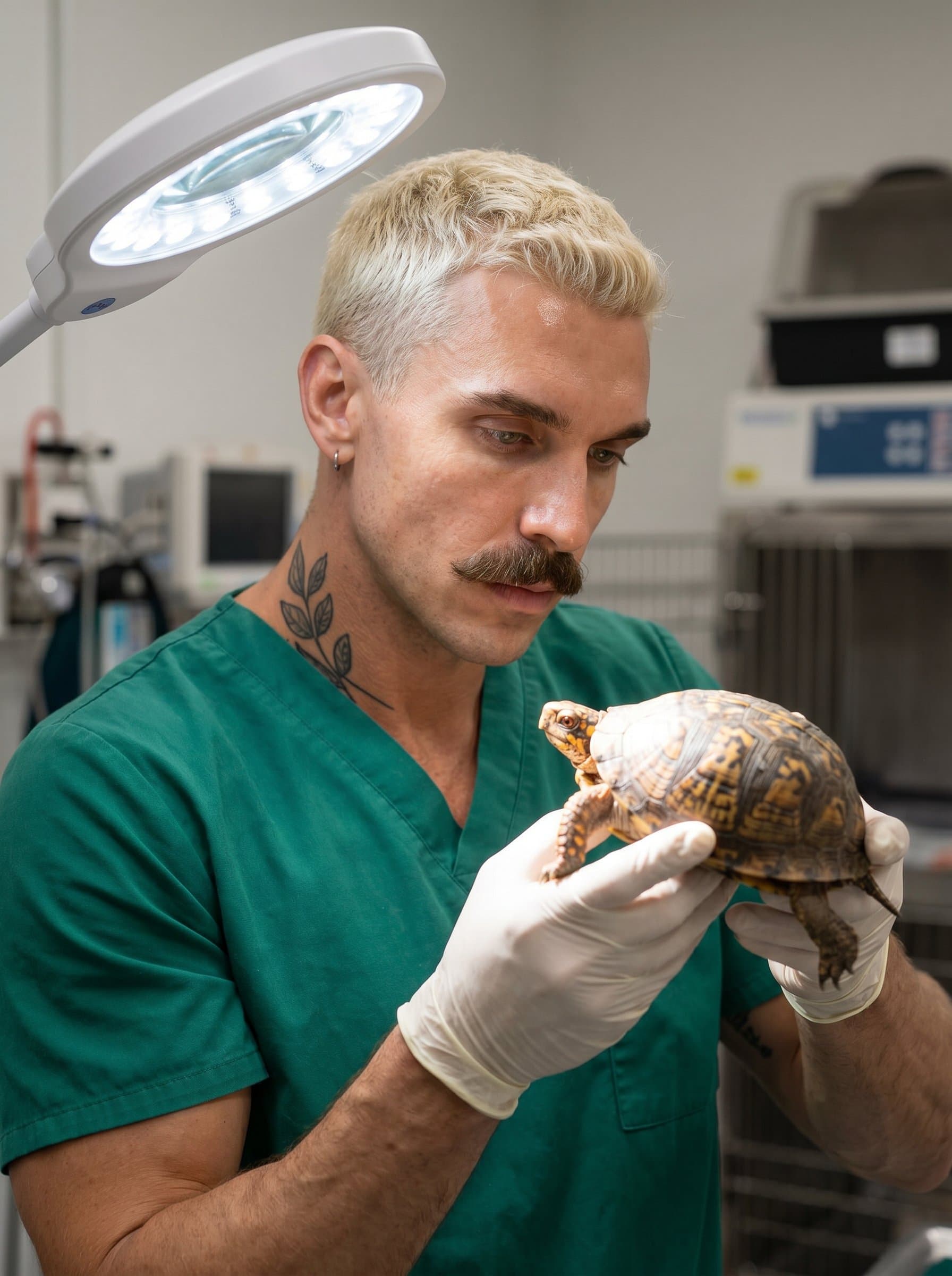 gently examining a turtle under a clinical light. With their focused expression and professional attire, this headshot captures precision and dedication, highlighting their expertise in exotic animal care.