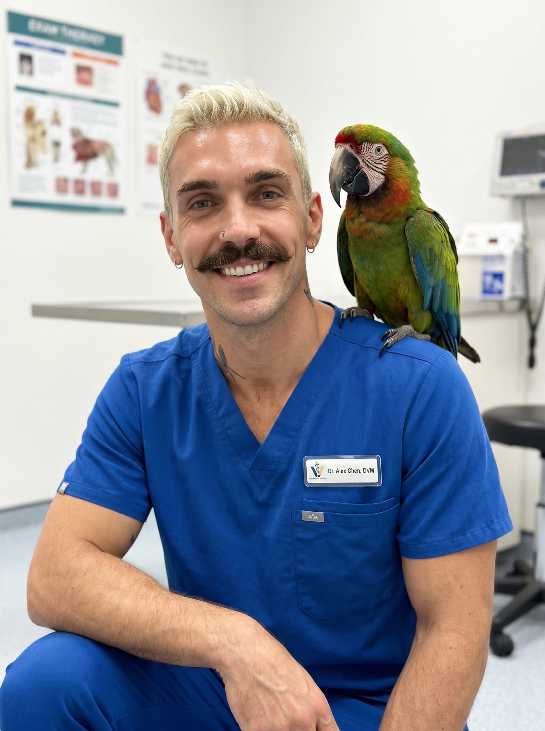 with a friendly parrot perched on their shoulder. They wear a name badge and the ambient lighting highlights their approachable nature, ideal for showcasing veterinary expertise on digital platforms.