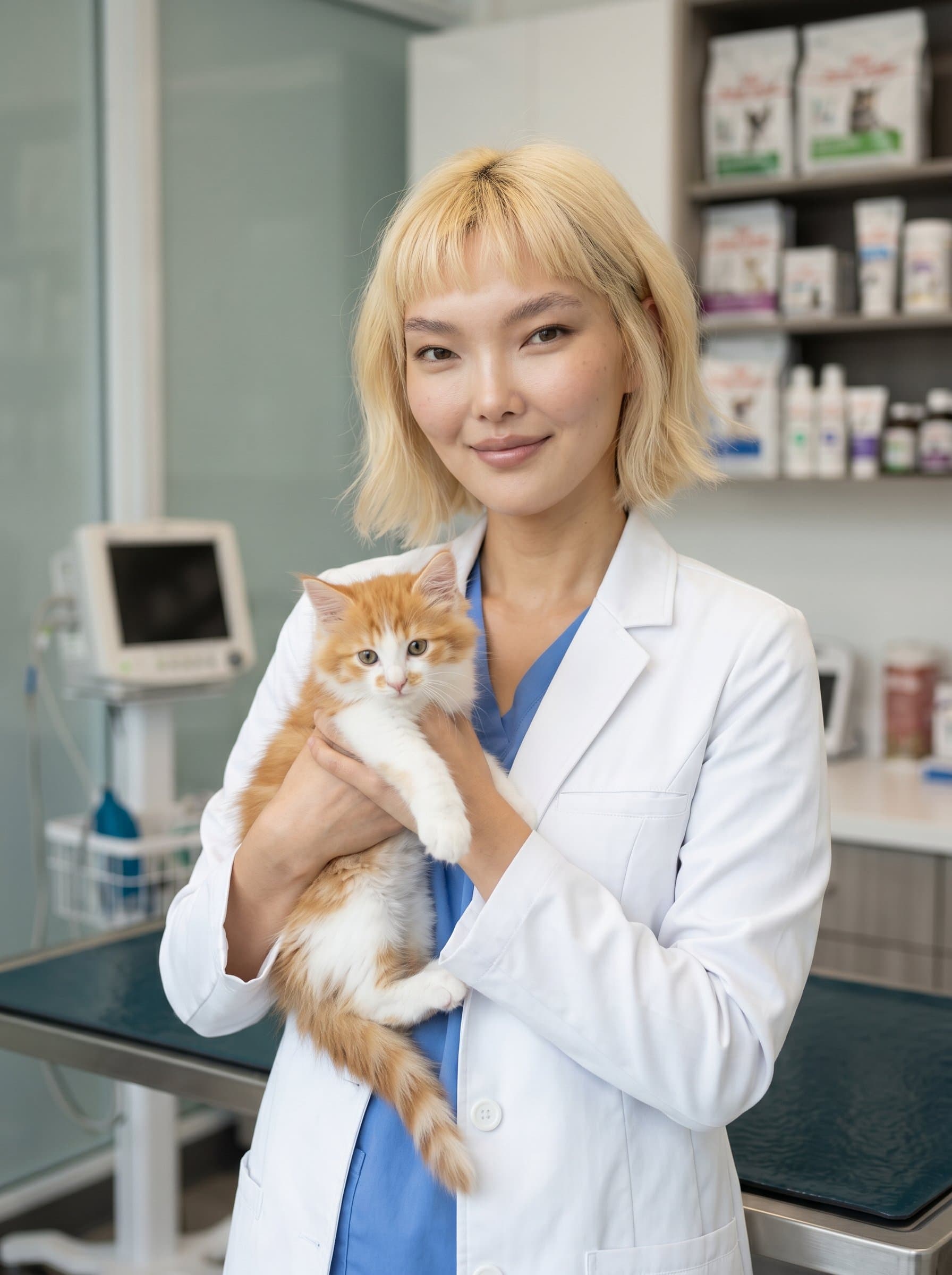 standing confidently in a white lab coat, holding a fluffy kitten. Soft lighting enhances their gentle smile, with a blurred clinic background, signifying a professional veterinary environment. Photorealistic.