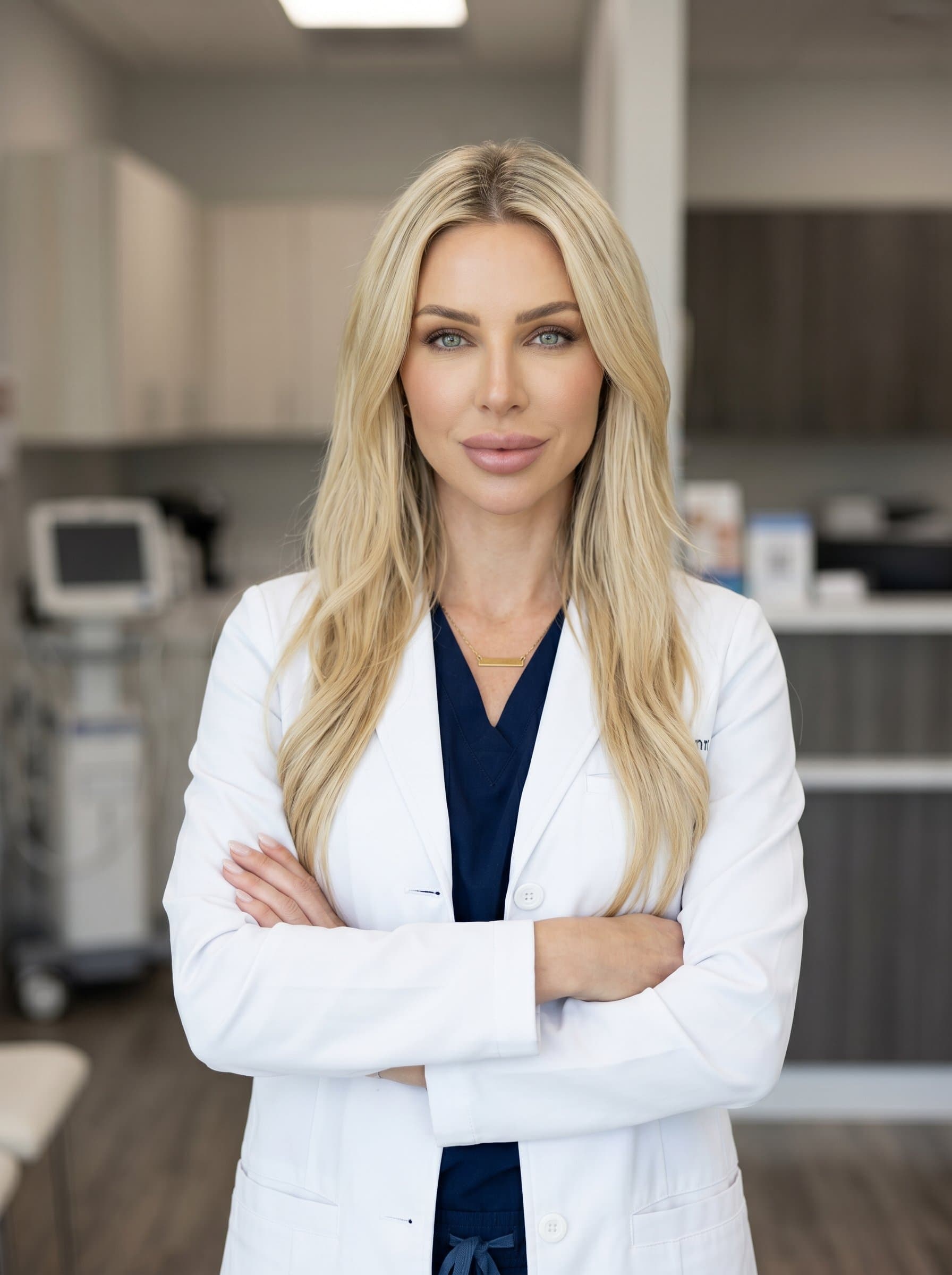 in a thoughtful pose with arms crossed, stands before a blurred clinic backdrop. Their neat lab coat and assured expression convey competence and trustworthiness, perfect for a professional headshot.