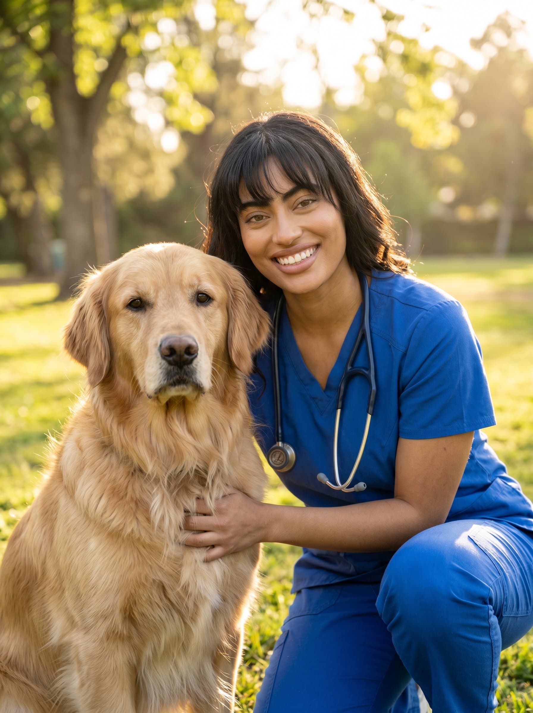 kneeling beside a large, calm golden retriever, both looking at the camera. The image uses natural lighting to highlight trust and compassion, perfect for a veterinary professional’s online profile.