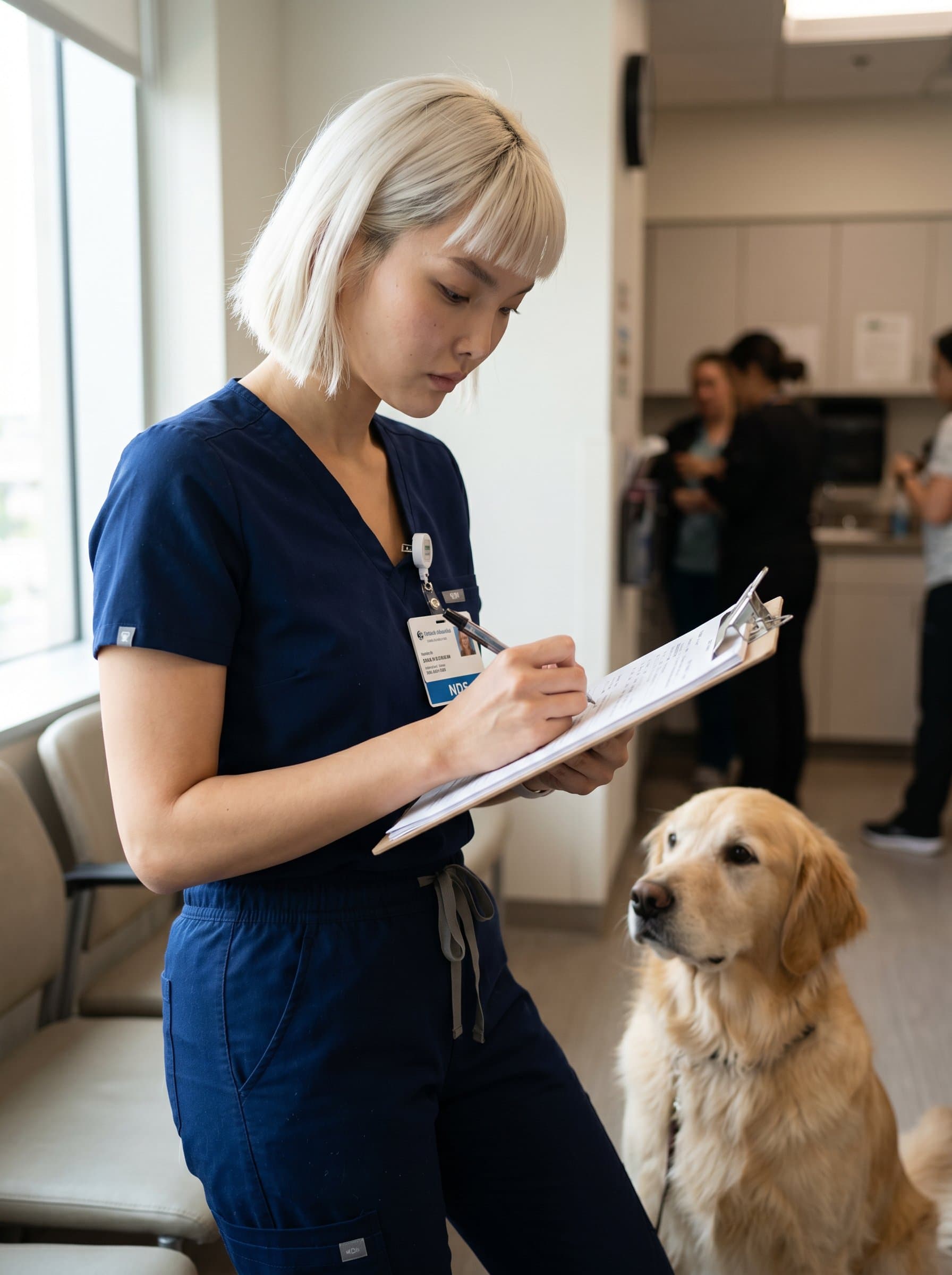 A candid shot of in the act of jotting down notes, with a serene-faced dog nearby. Their focused expression and tailored scrubs project an image of reliability and professionalism.