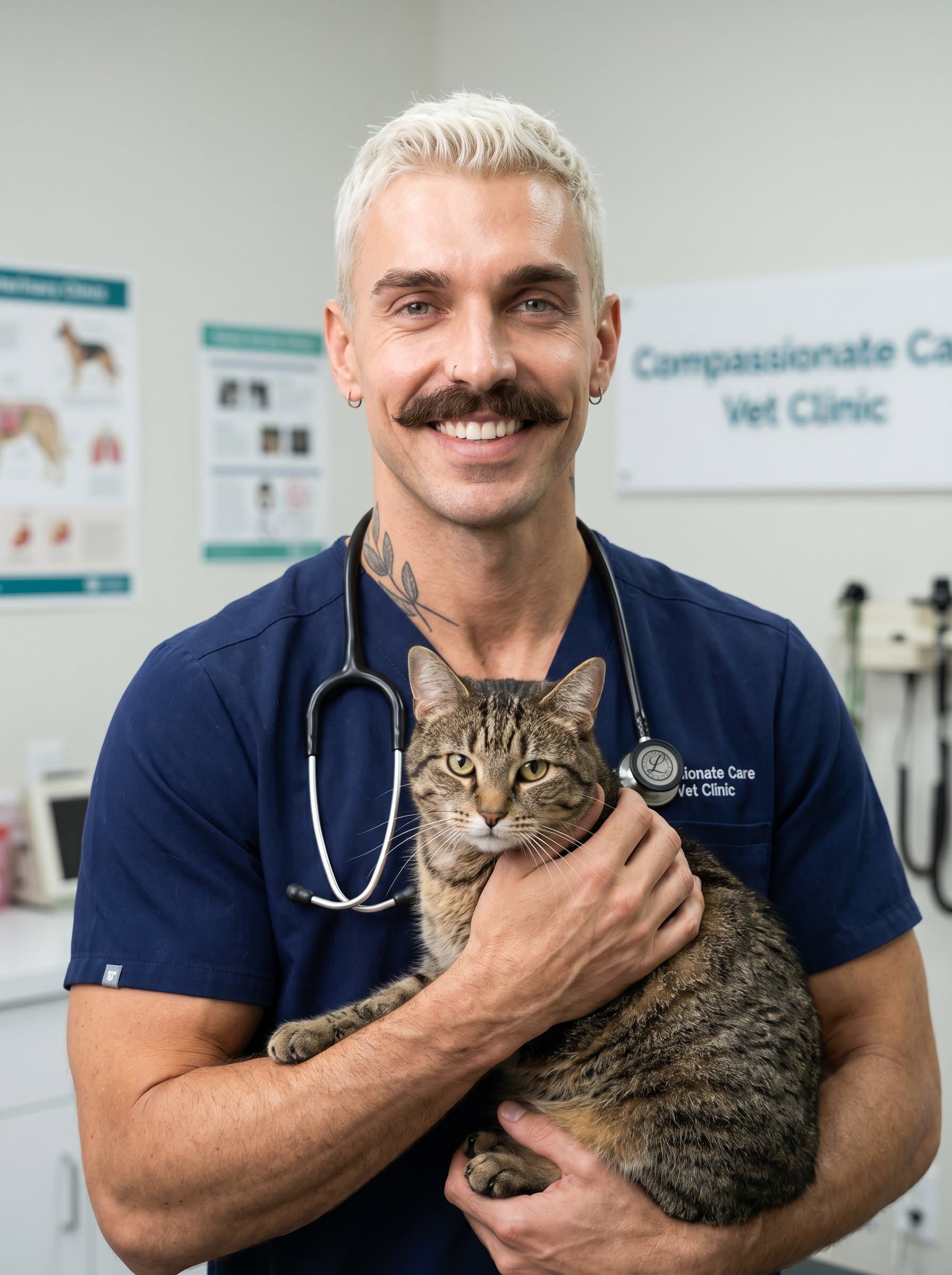 holding a mature cat, both looking towards the camera. The controlled lighting and serene setting capture the essence of a dedicated veterinary professional, suitable for a clinic's about page.