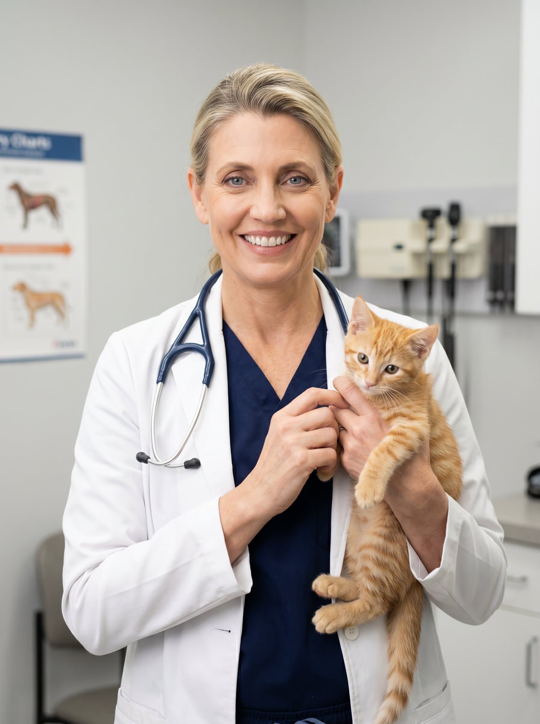 posing with a stethoscope and a playful kitten. The neutral backdrop and crisp professional attire enhance their approachable demeanor, making the photo ideal for showcasing veterinary expertise.