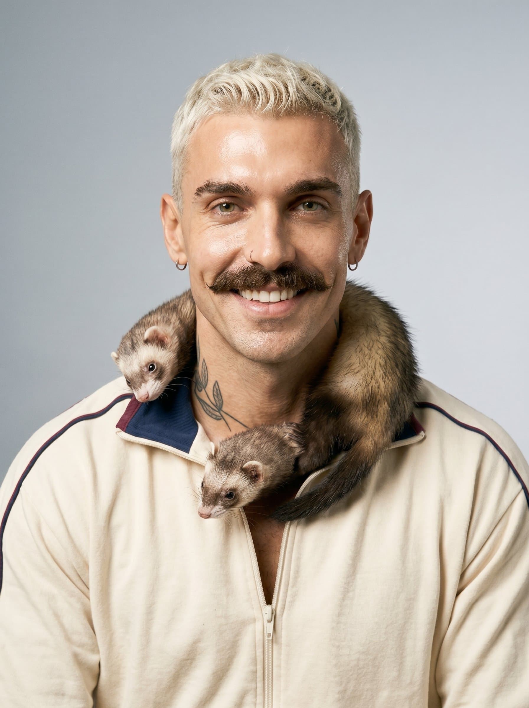 captured with a ferret curled around their neck, smiling warmly. The clean, studio background with soft lighting enhances their friendly and trustworthy nature, ideal for creating a relatable headshot.
