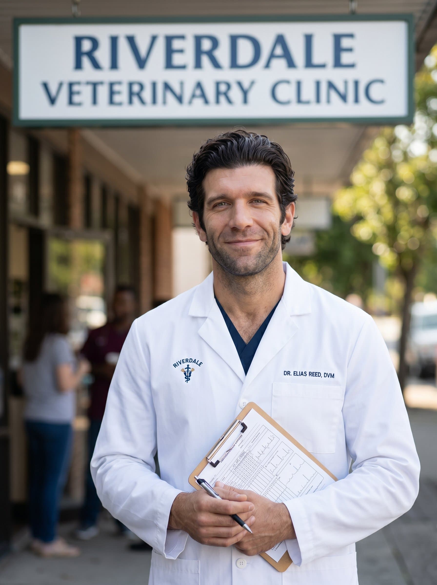 standing in front of a veterinary clinic sign, wearing a lab coat, and holding a clipboard. The image, with soft focus on the background, projects professionalism and readiness to help.