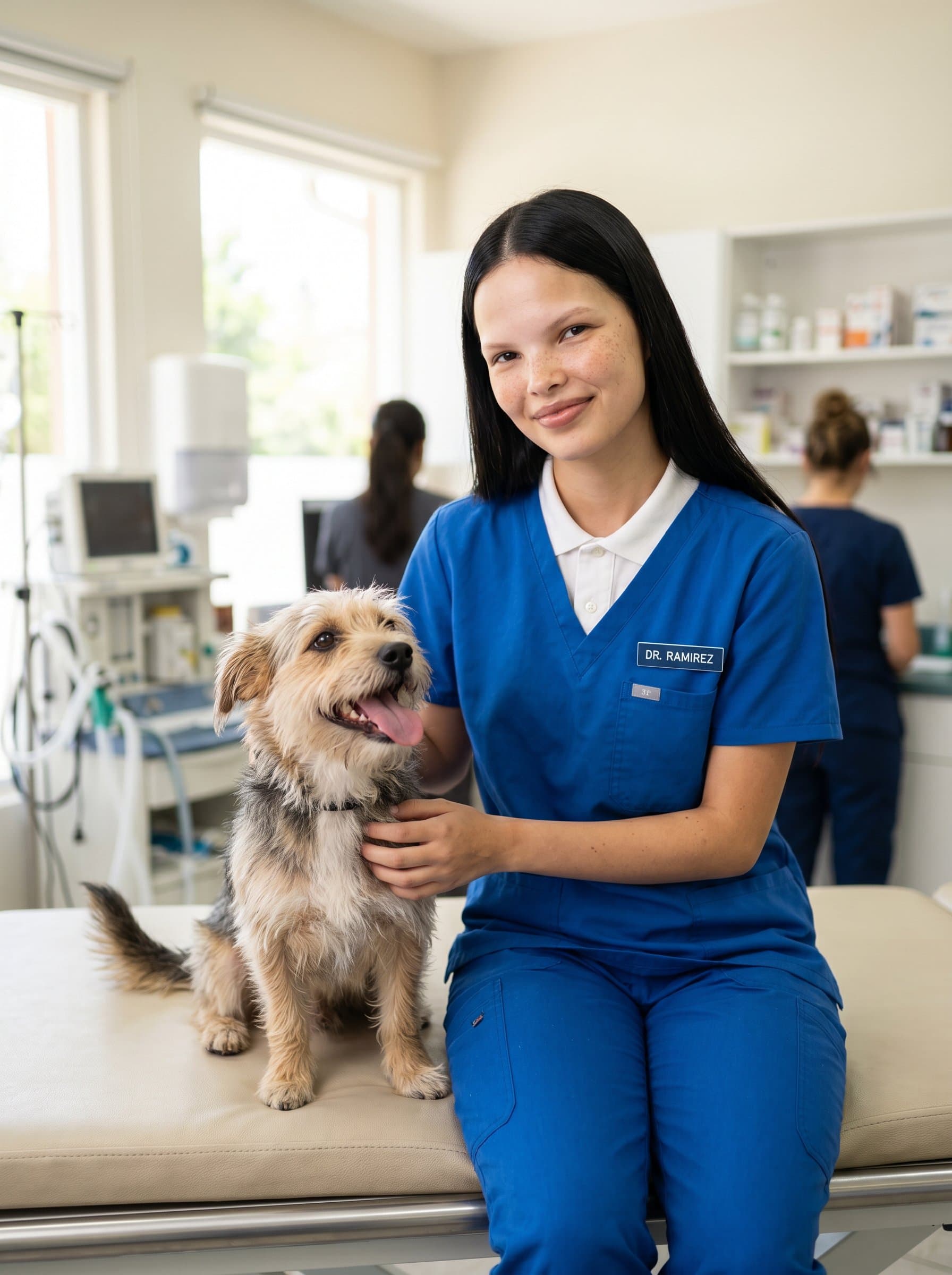seated next to a small, happy dog on a vet's examination table. The scene is bright and welcoming, with a soft-focus effect on the clinic background, highlighting their professional demeanor.