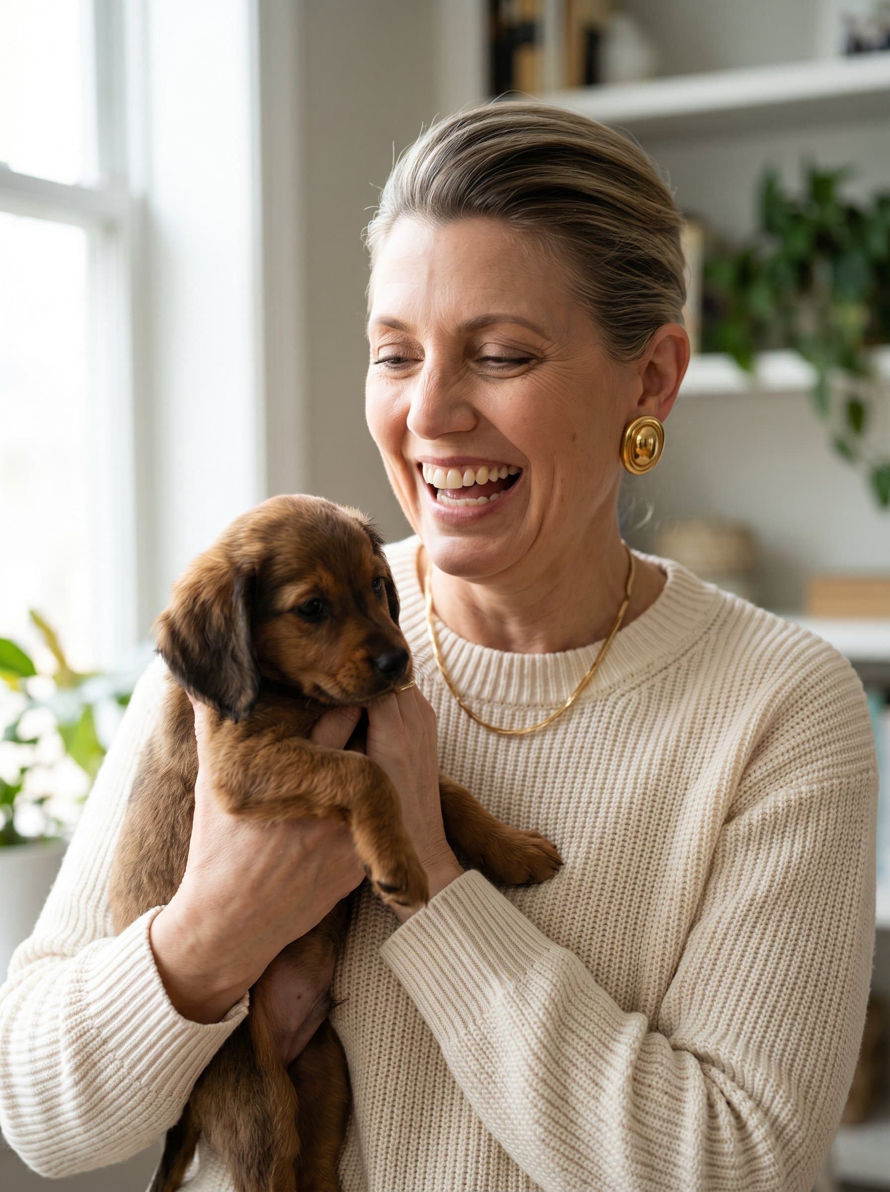 Capture in a candid moment, laughing with a small puppy in their arms. Wearing smart-casual attire in a neutral setting, this headshot exudes warmth and a love for animals.