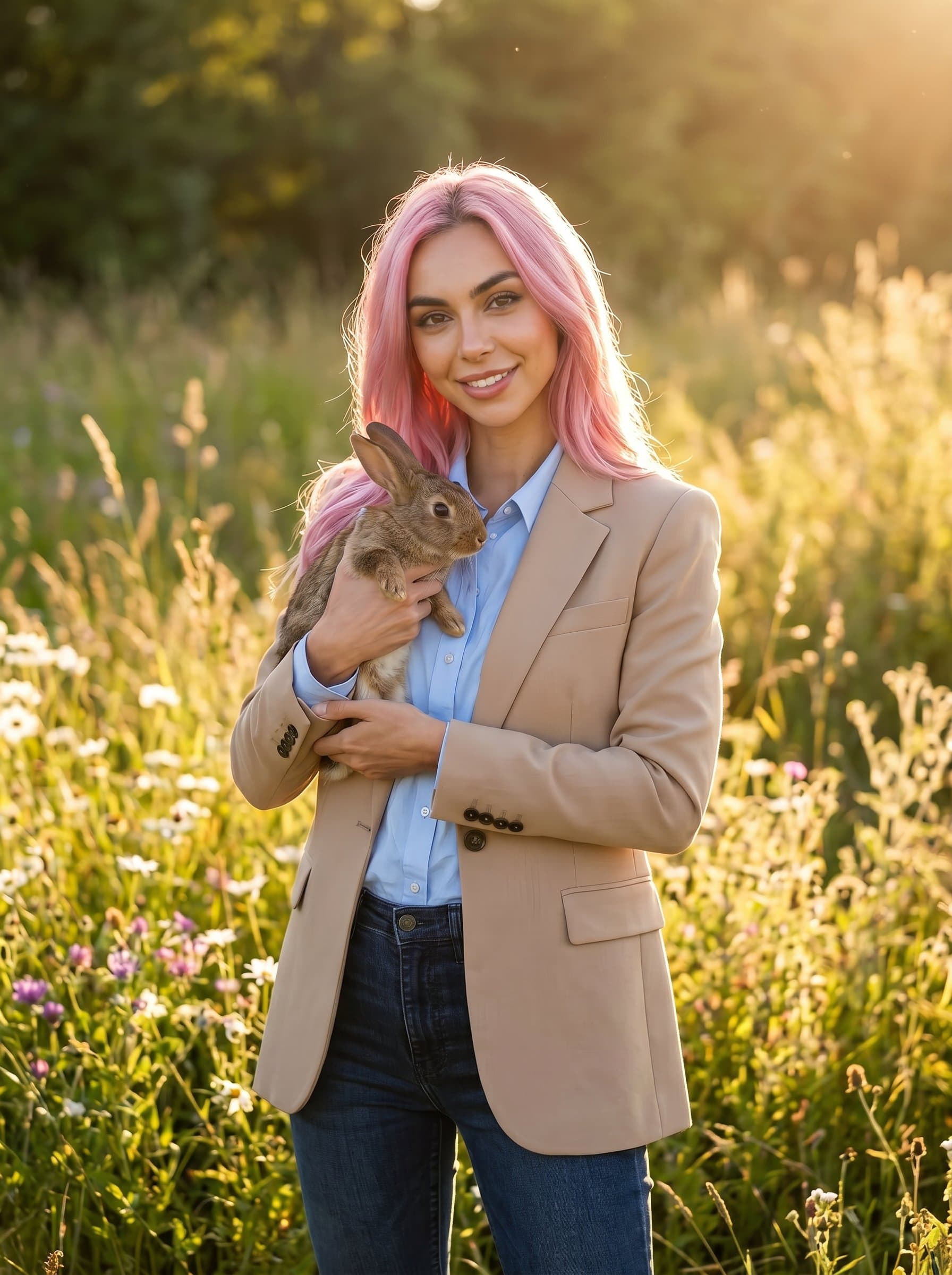 Outdoor shot of in a field holding a rabbit, with a natural, sunlit background. Their casual yet professional outfit conveys warmth and a connection to animals, ideal for social media profiles.