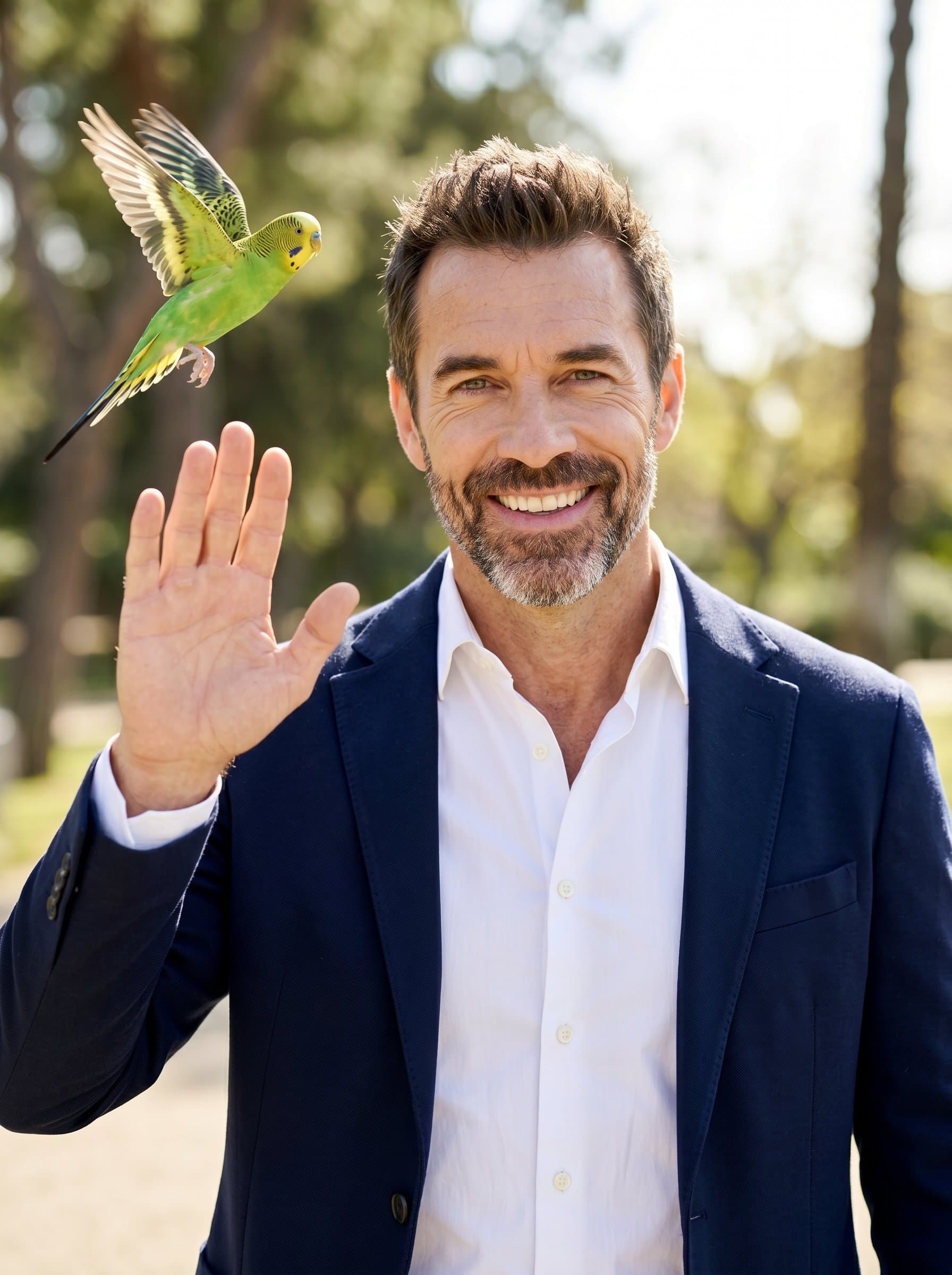 An engaging portrait of waving a hand in greeting, with a parakeet flying past in the background. Their crisp attire and vibrant, welcoming expression make this perfect for a friendly online presence.