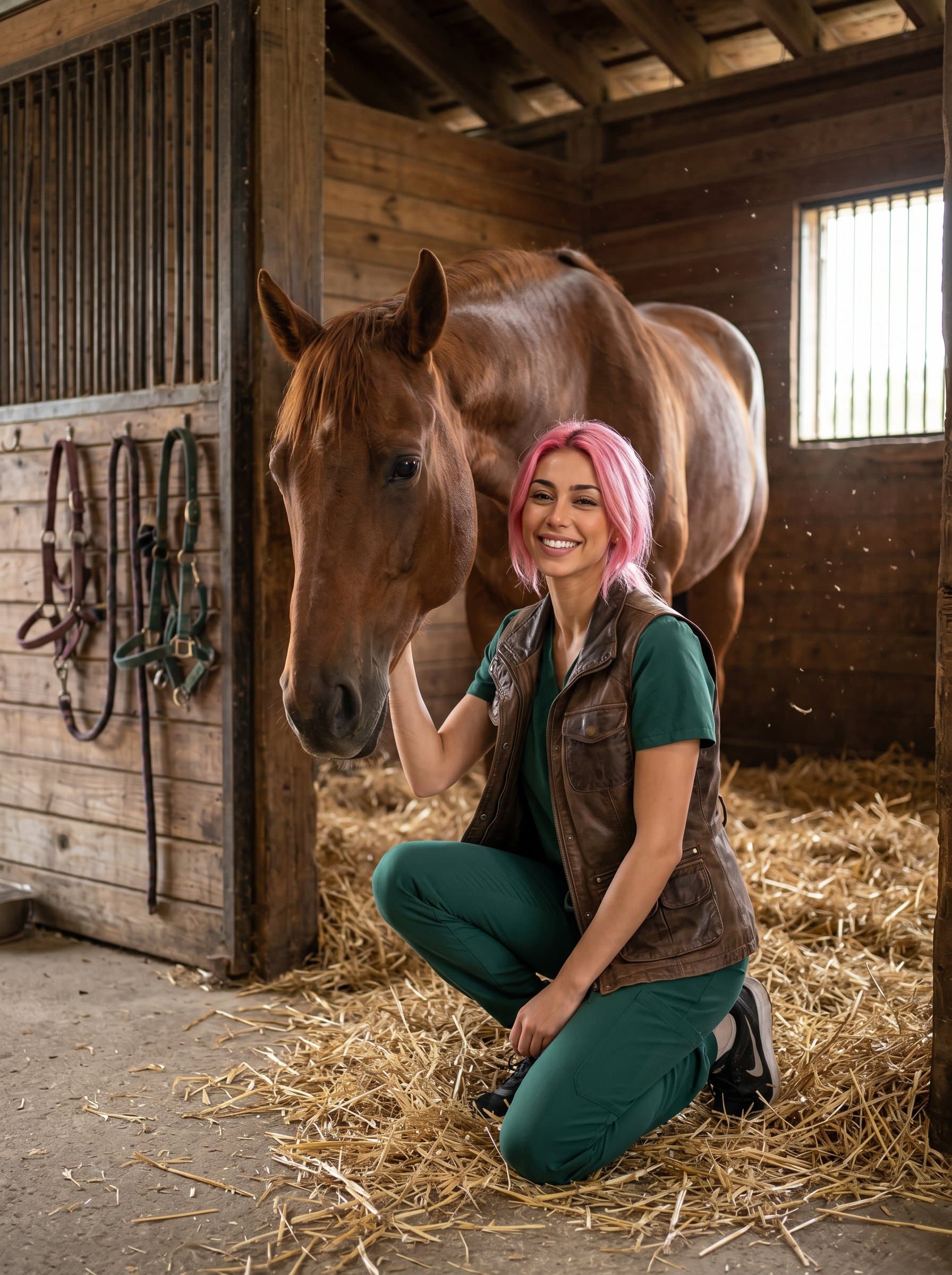 kneeling beside a horse in a stable, wearing a rustic vest over their uniform. The natural earthy tones and genuine smile capture their affinity for large animals and rural veterinary work.