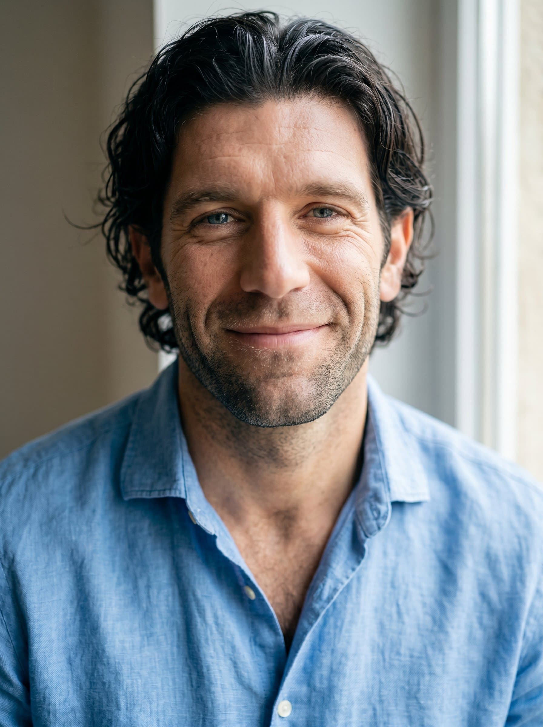 A close-up of framed by soft natural light, showcasing a relaxed open-collar shirt and warm, inviting expression. The simplicity and clarity convey a coach who is approachable and empathetic.