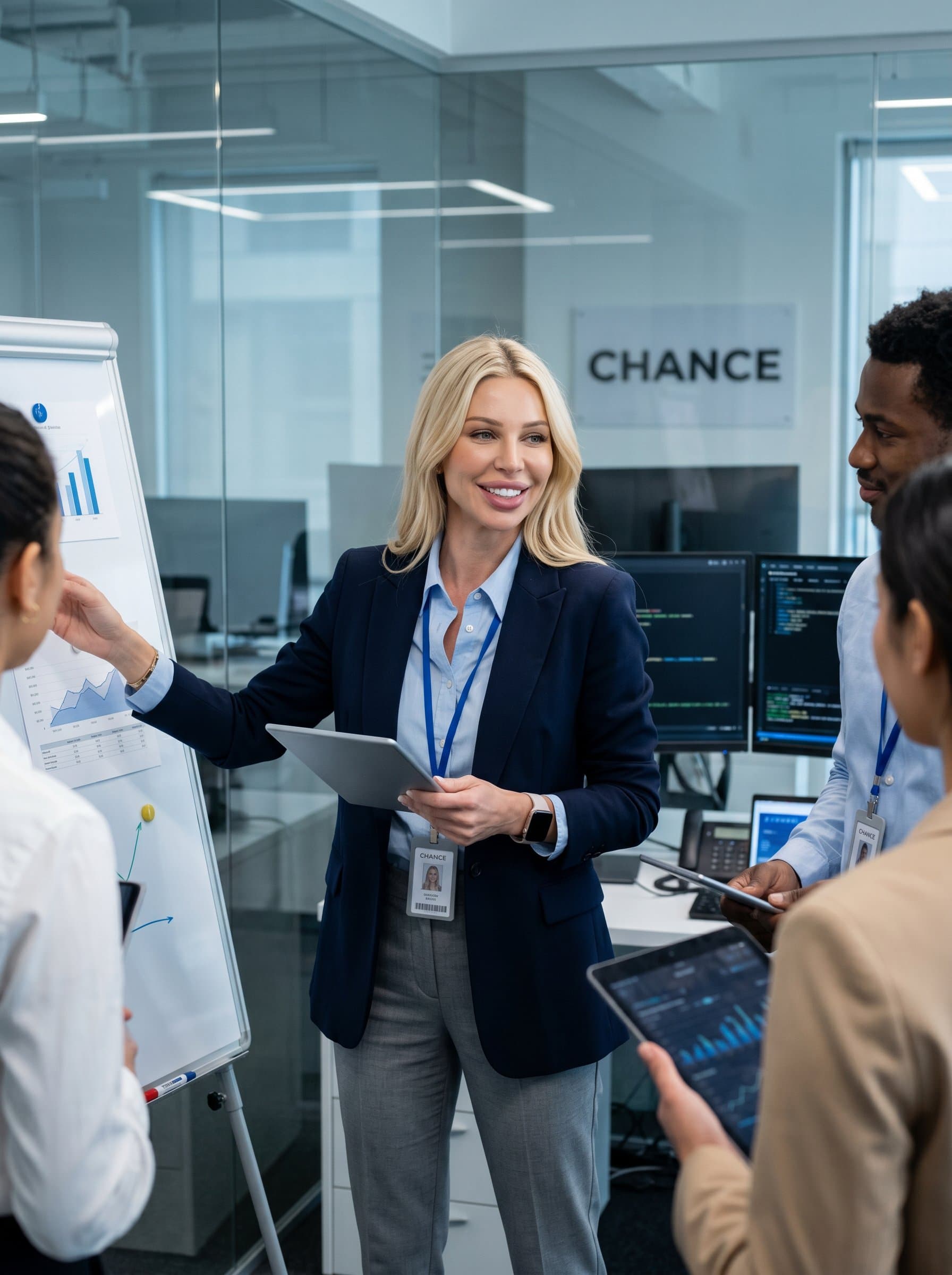 standing in a tech-savvy office environment, smartly dressed with digital devices subtly included. Their professional appearance and engaging smile suggest a coach adept in navigating modern challenges.