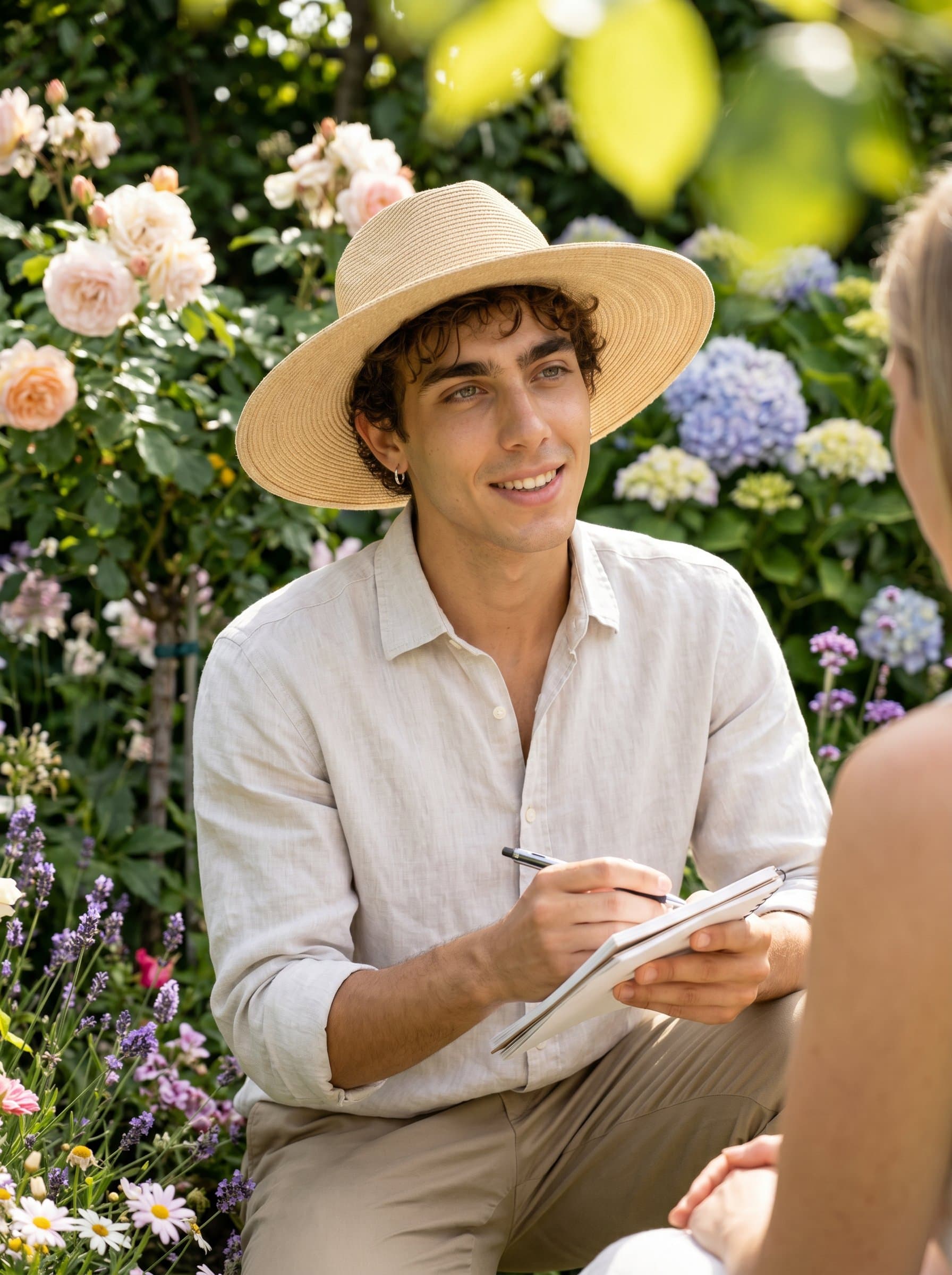 Amidst a garden of blooming flowers, in natural attire, their gentle smile underlining a nurturing personality. This scene represents a coach focused on growth and personal development.