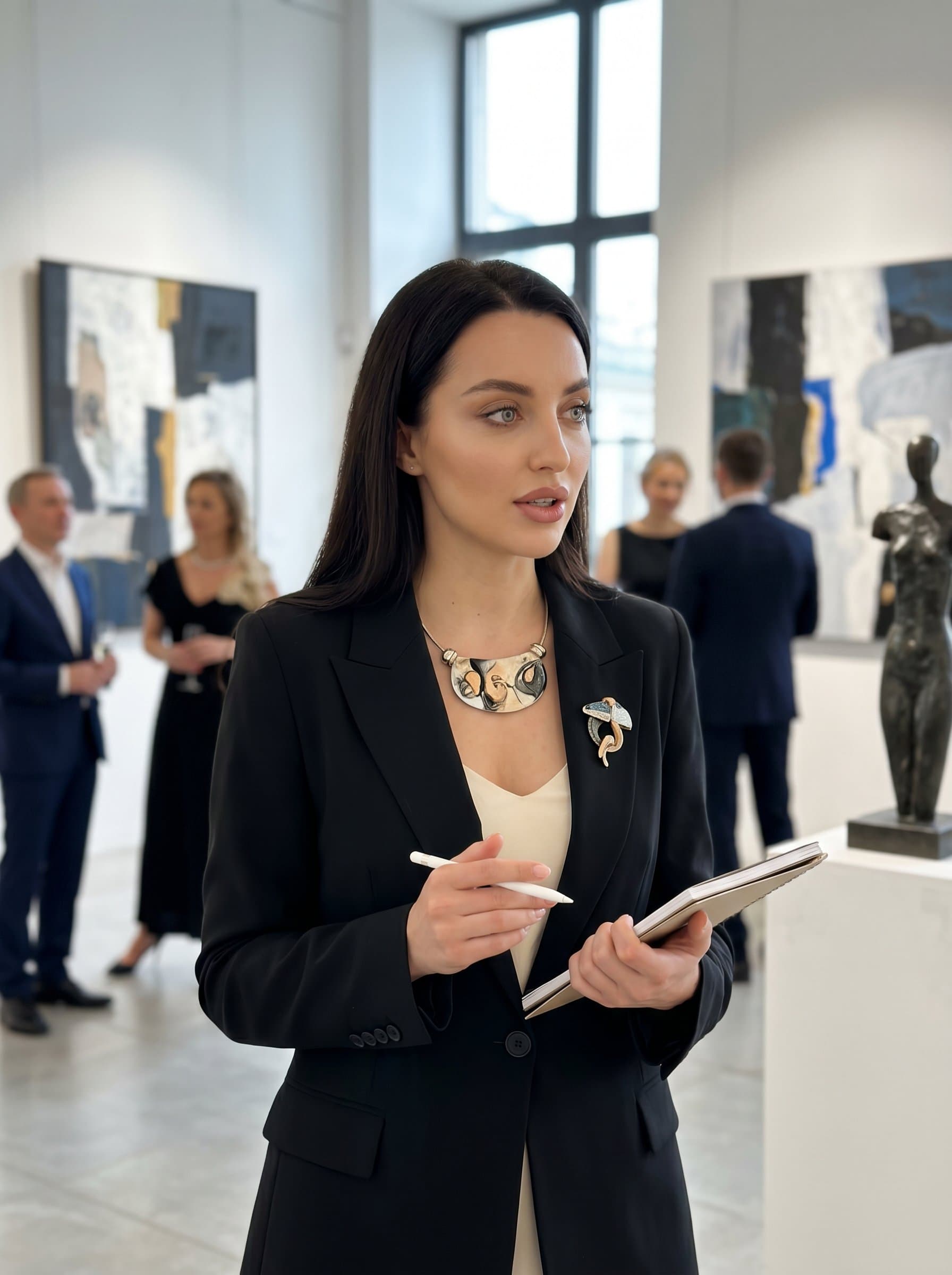 In a sophisticated art gallery, wearing elegant attire with a subtle artistic touch in accessories. Their insightful gaze and poised stance reflect a coach focused on creativity and self-expression.
