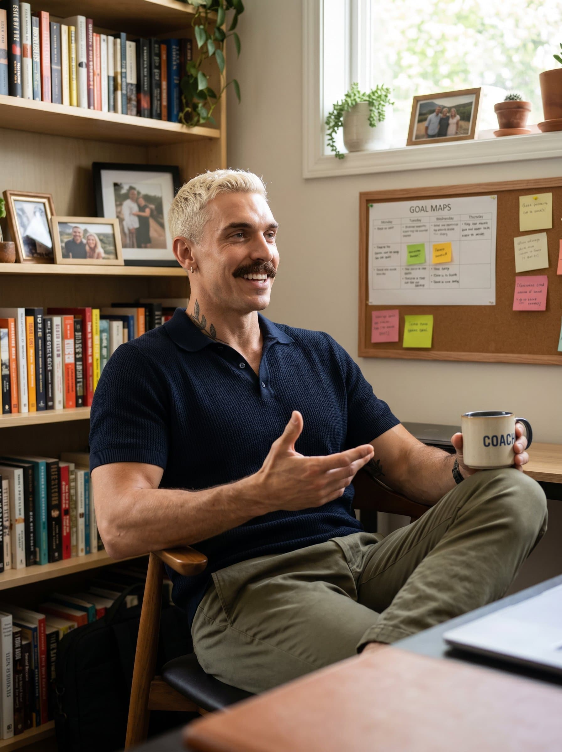 in a home office, surrounded by books and personal touches, dressed in casual but neat clothes. Their relaxed expression and personalized setting suggest a coach who values individuality and personal connection.