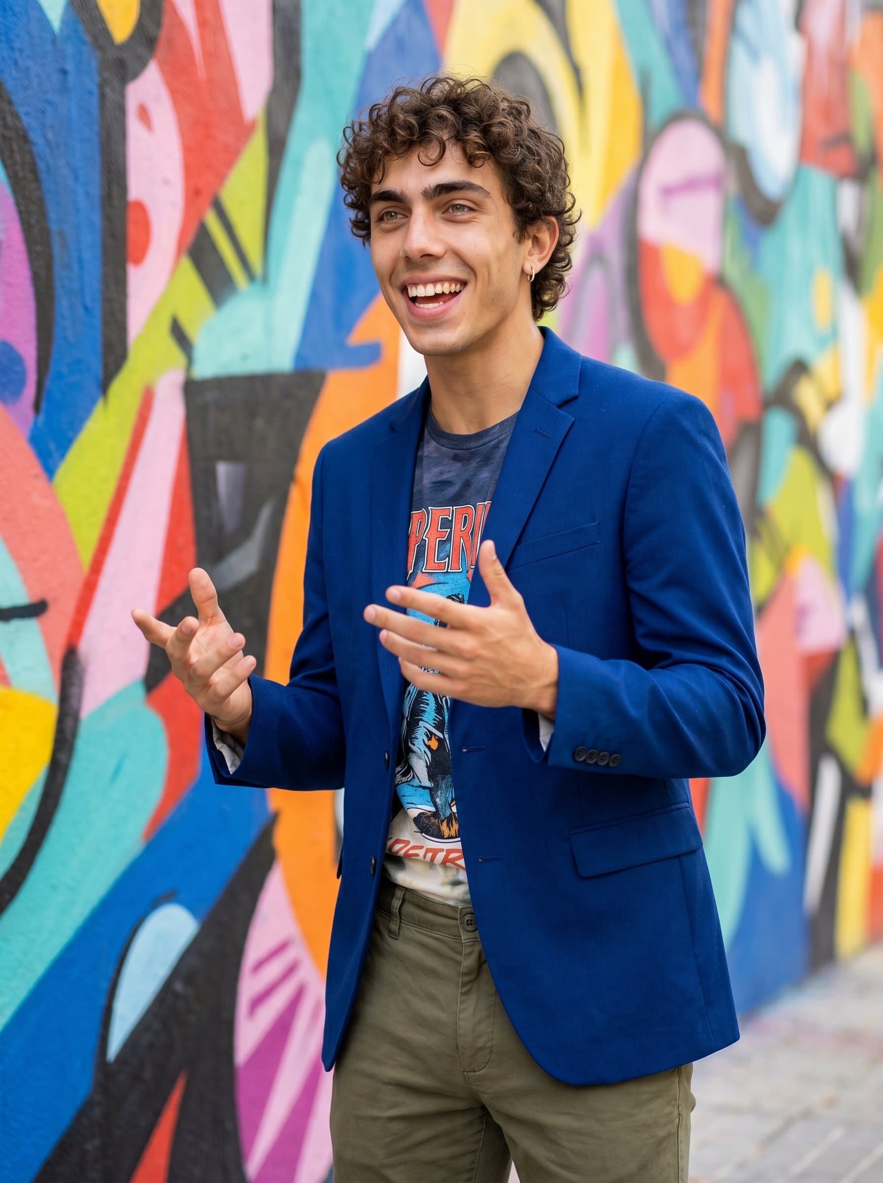 against a bright abstract mural, wearing bold colors and a trendy yet professional ensemble. Their energetic expression exudes creativity and forward-thinking, ideal for a coach ready to inspire dynamic change.