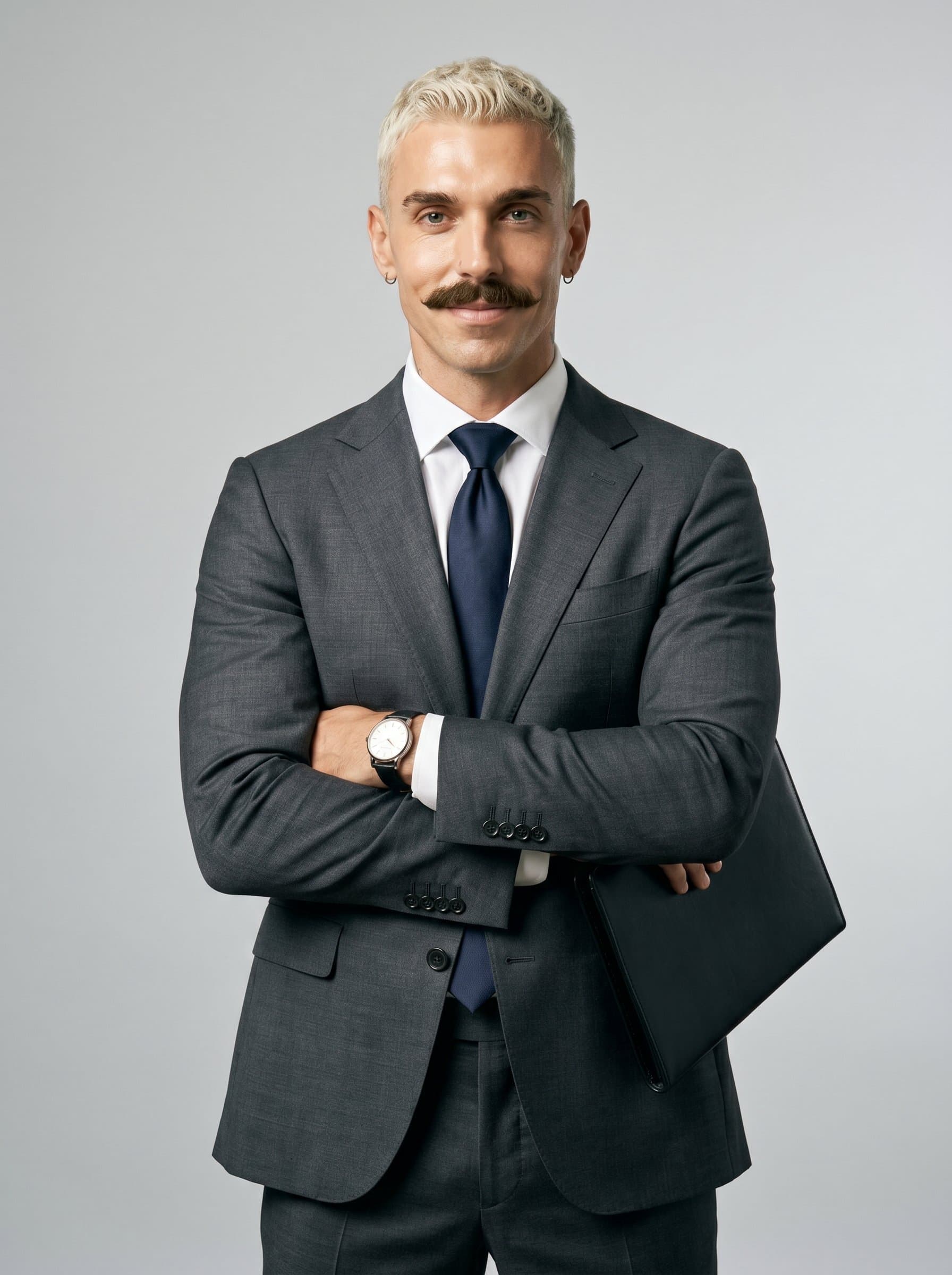 against a neutral studio background, in simple yet elegant attire. With a confident, subtle smile, this clean composition highlights a coach's no-nonsense, results-driven approach.