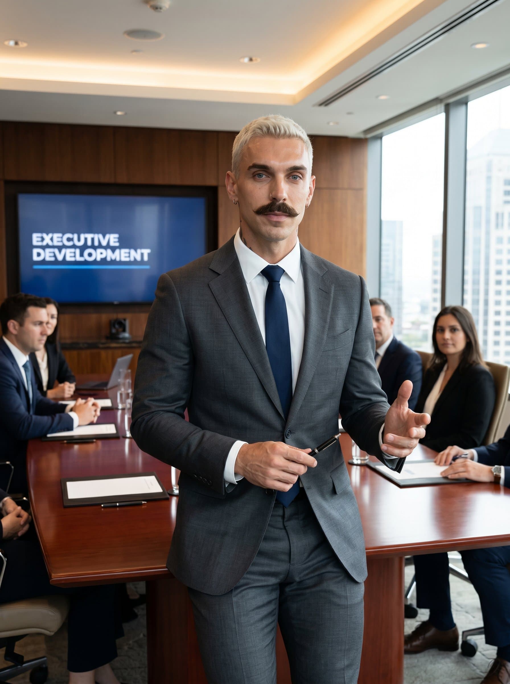 Inside an elegant conference room, in a sharp suit, exuding confidence and authority. Their direct gaze and assured posture suggest a coach skilled in leadership and executive development.