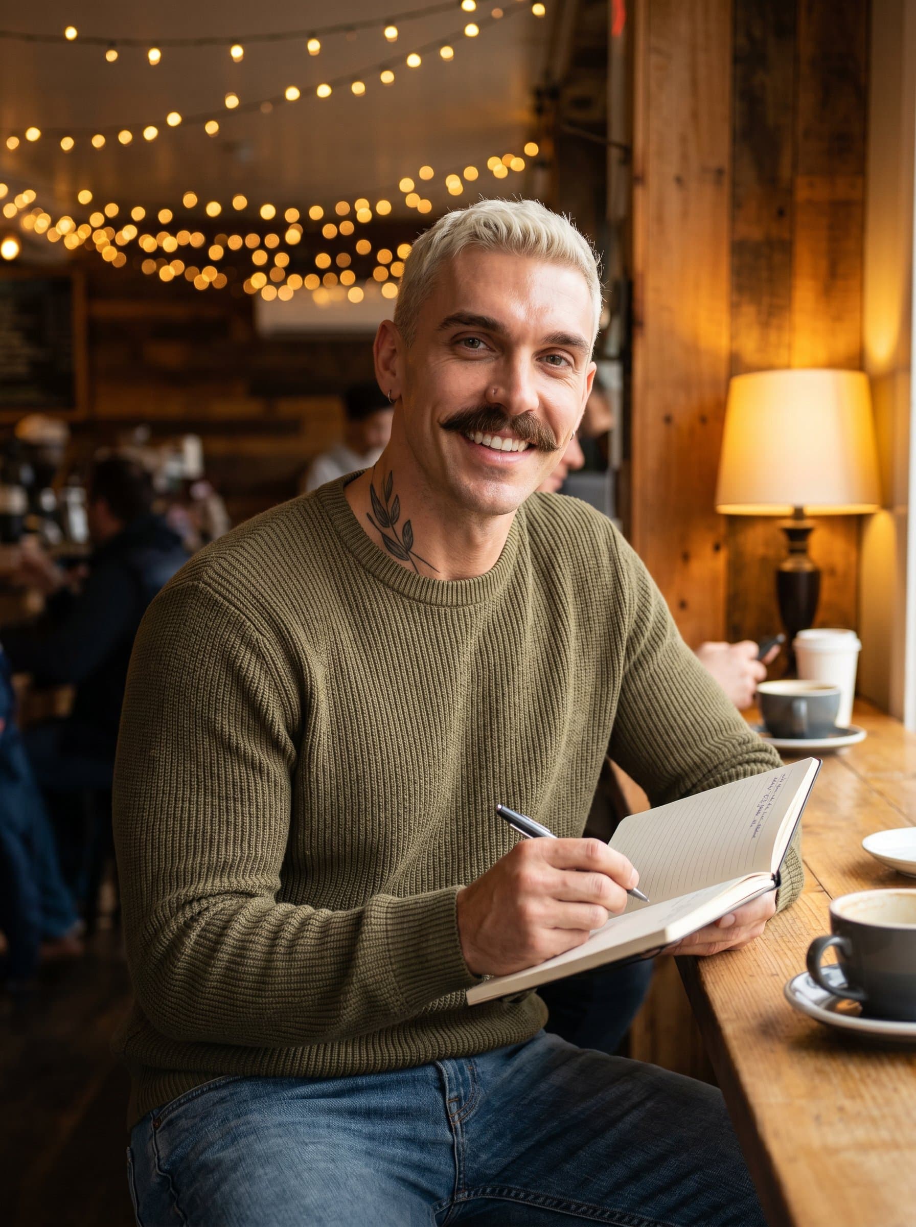 In a cozy coffee shop, dressed casually, holding a notebook, surrounded by warm tones. Their engaging smile and relaxed posture create an inviting atmosphere perfect for a conversational coach.