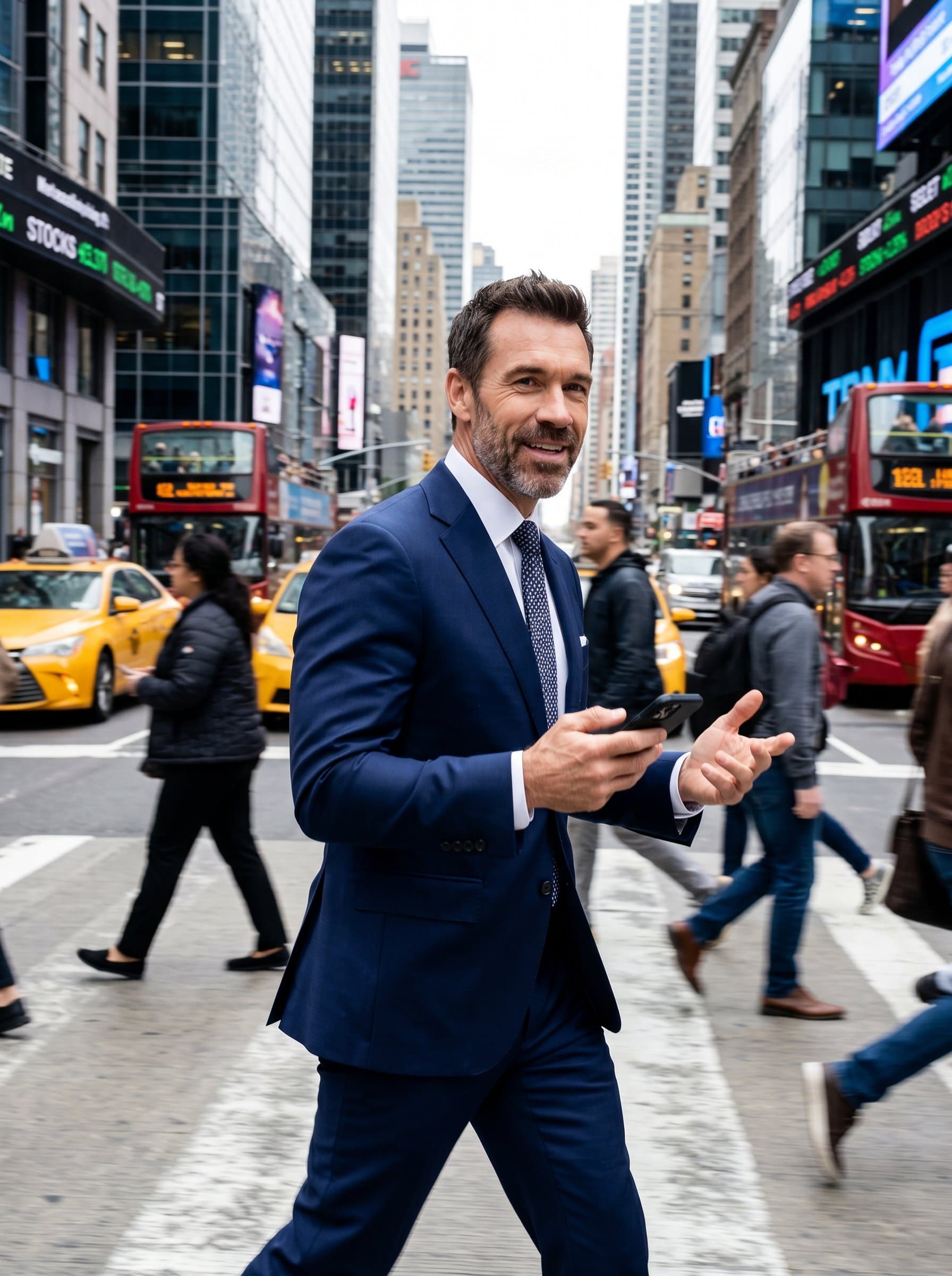 In a bustling city street scene, in a sharp suit with an energetic, purposeful expression. This urban environment conveys a coach adept at navigating complexity and driving progress.