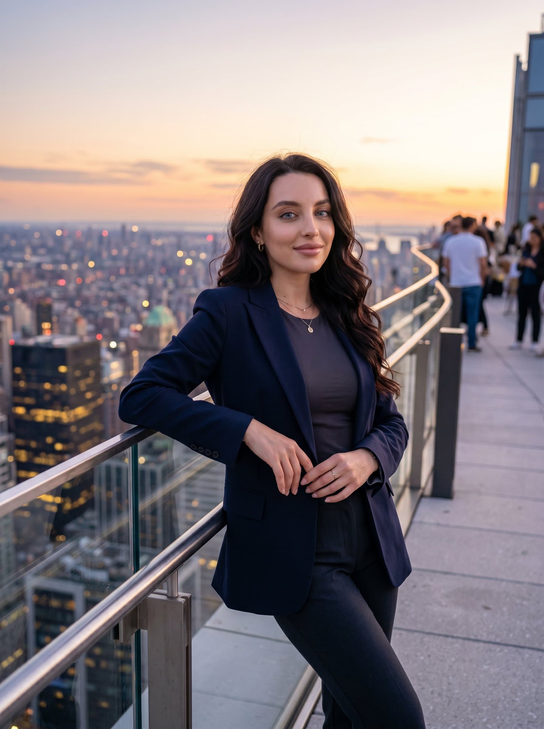 An urban rooftop at dusk with casually leaning against the railing, in smart, relaxed attire. This breathtaking backdrop with their thoughtful smile captures a forward-thinking, visionary coach.