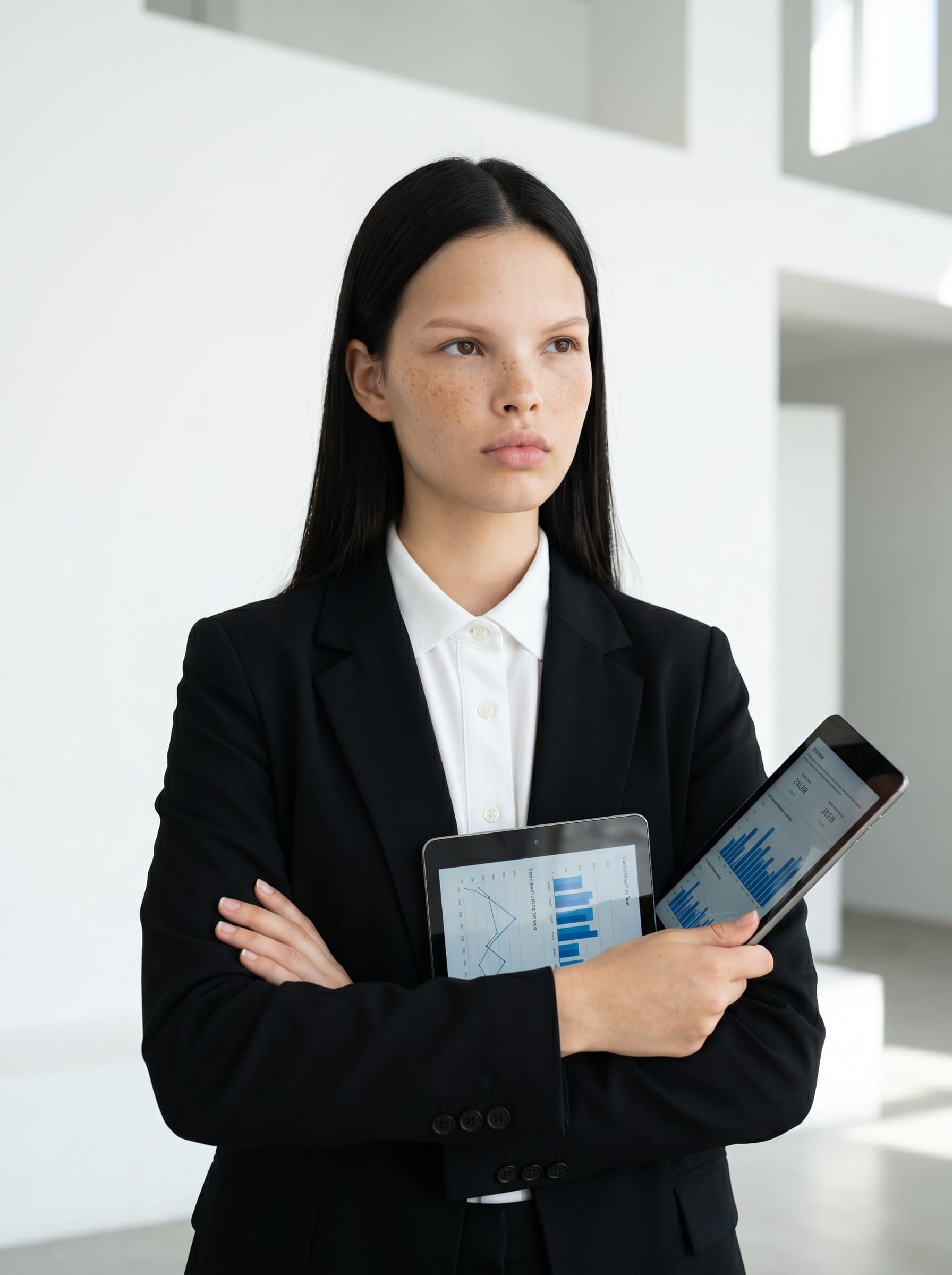 In a well-lit minimalist studio, dressed in monochrome attire. Their thoughtful expression and poised stance suggest a thoughtful, analytic coach focused on strategic, results-driven outcomes.