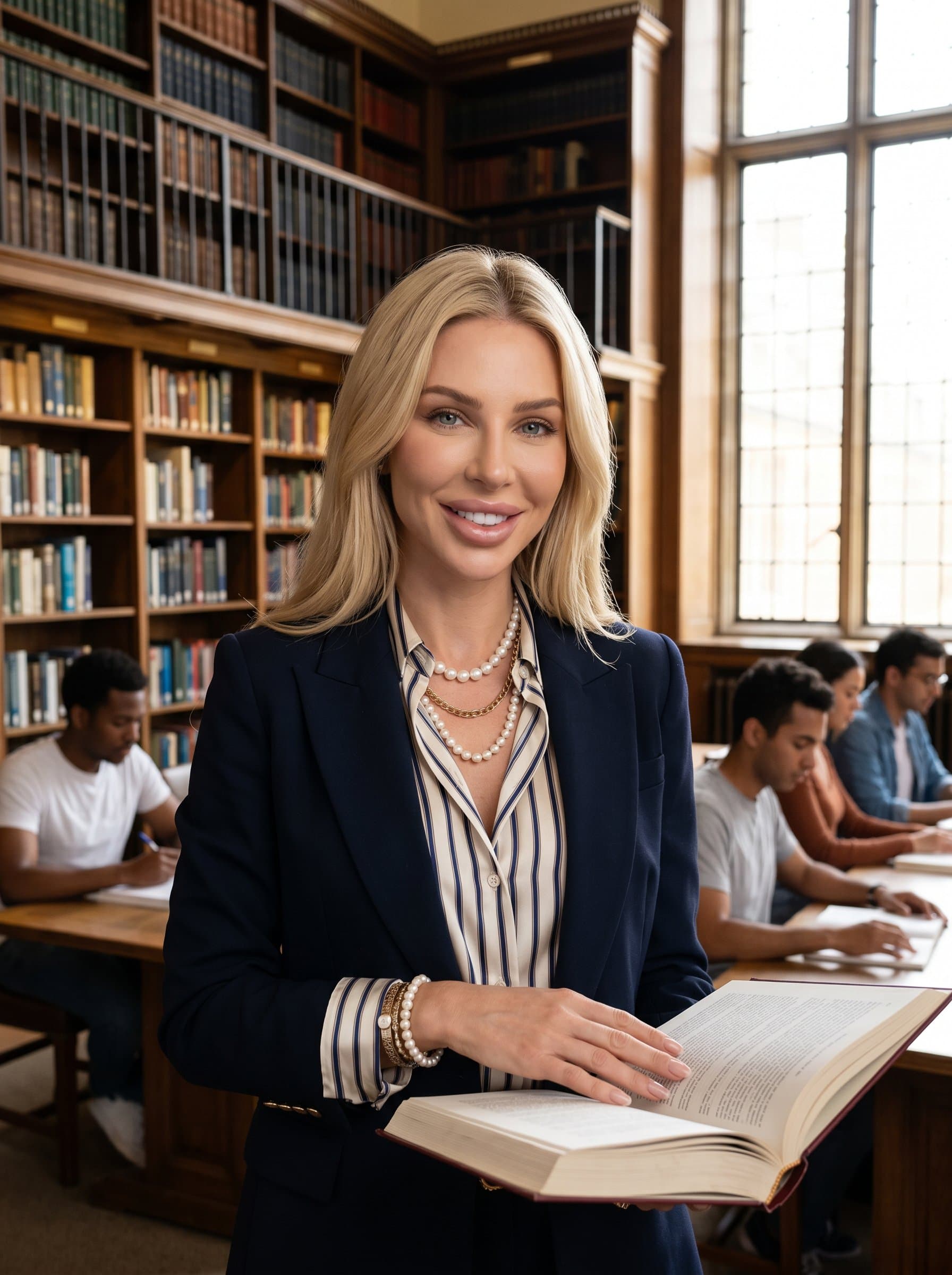 With an artful library backdrop, in a sophisticated layered outfit and subtle makeup. Their confident gaze and poised posture highlight expertise and dedication, epitomizing a knowledgeable and motivating coaching presence.