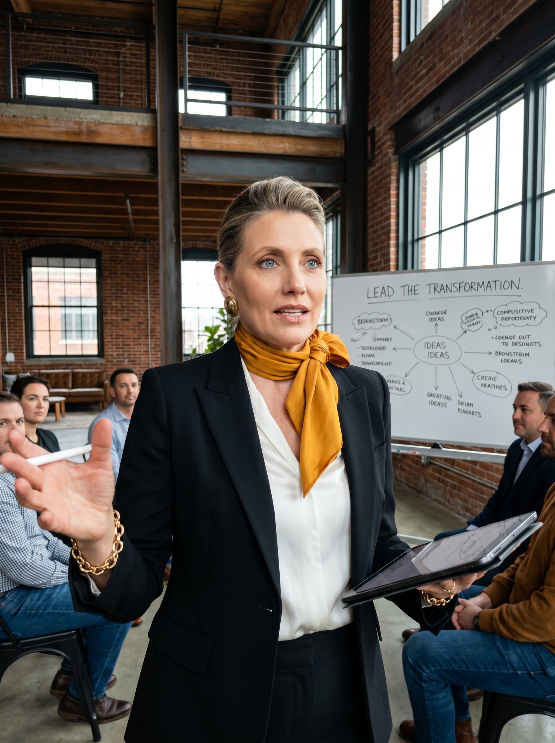 in an industrial loft, wearing a sleek, modern outfit with a vivid accent piece. Their bold, confident expression suggests a coach prepared to challenge and inspire transformative ideas.