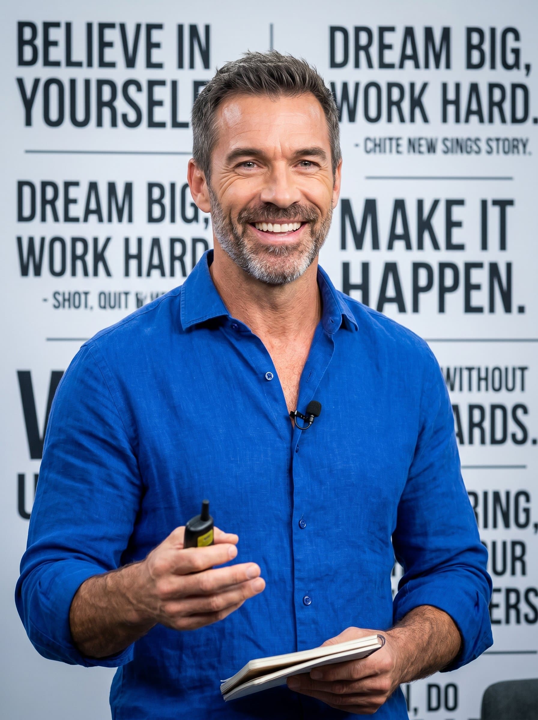 against a backdrop of motivational quotes, dressed in energetic colors and an open-collar shirt. Their bright, engaging smile conveys a dynamic coach dedicated to empowerment and motivation.